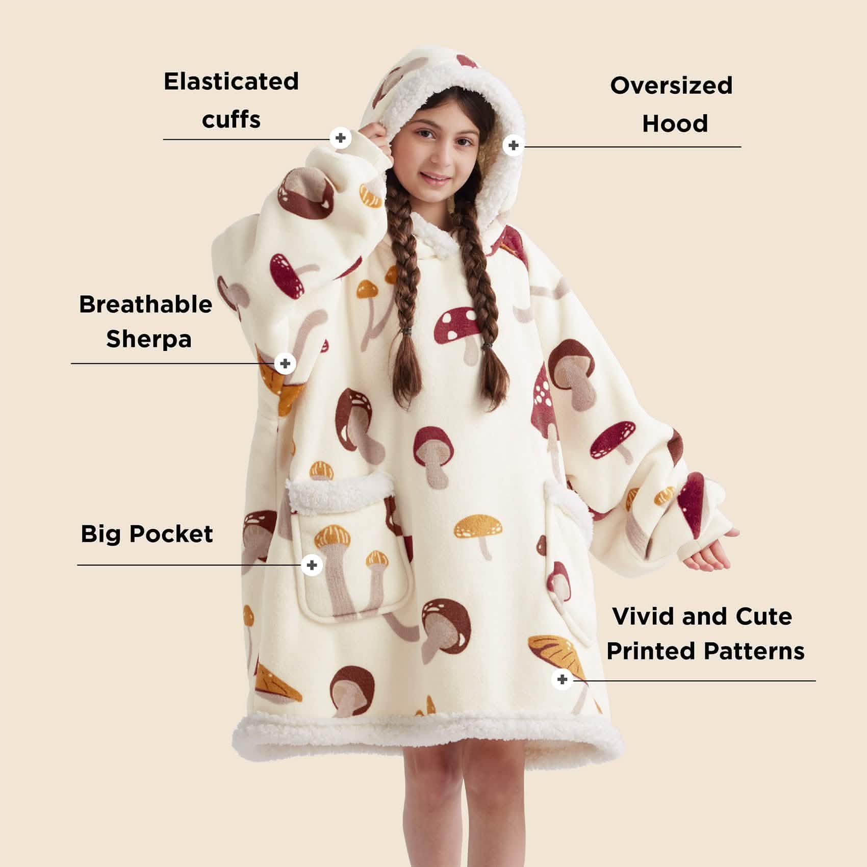 GentleSoft™ Cute Printed Patterns Sherpa Blanket Hoodie Beige