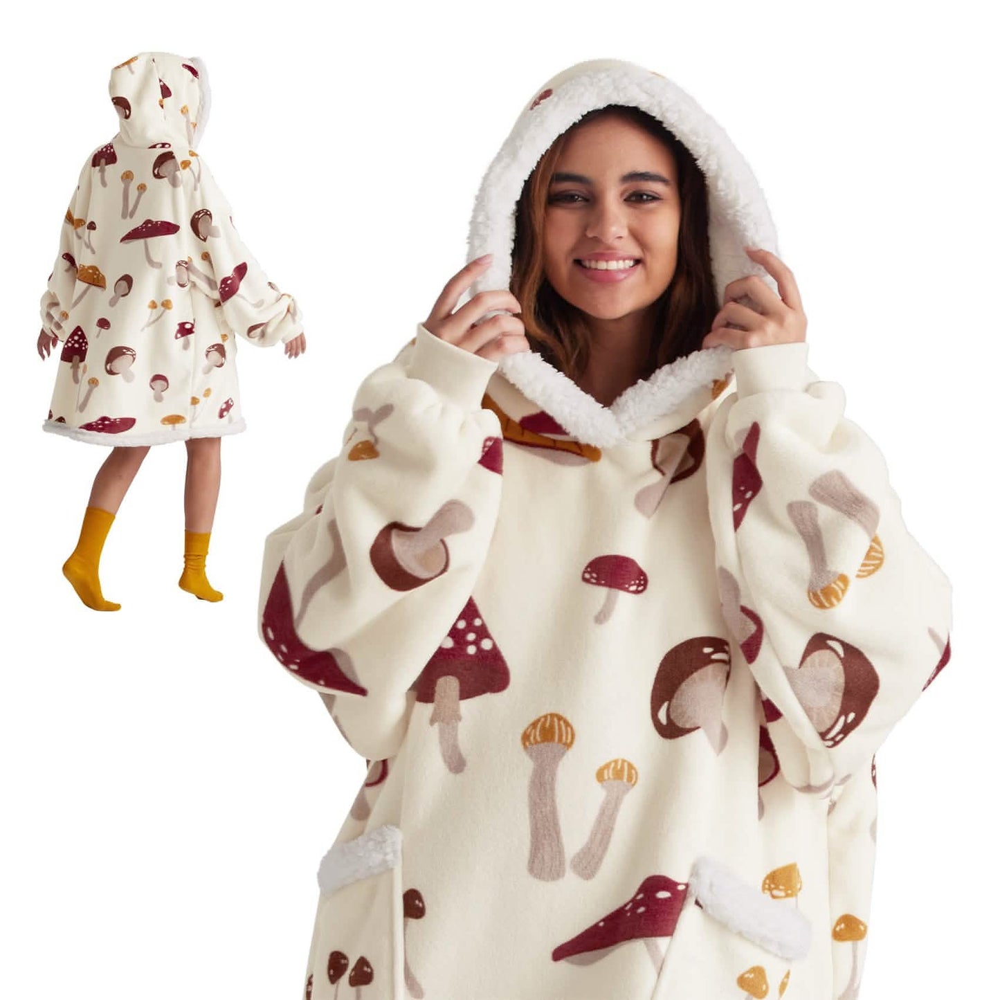 GentleSoft™ Cute Printed Patterns Sherpa Blanket Hoodie Beige