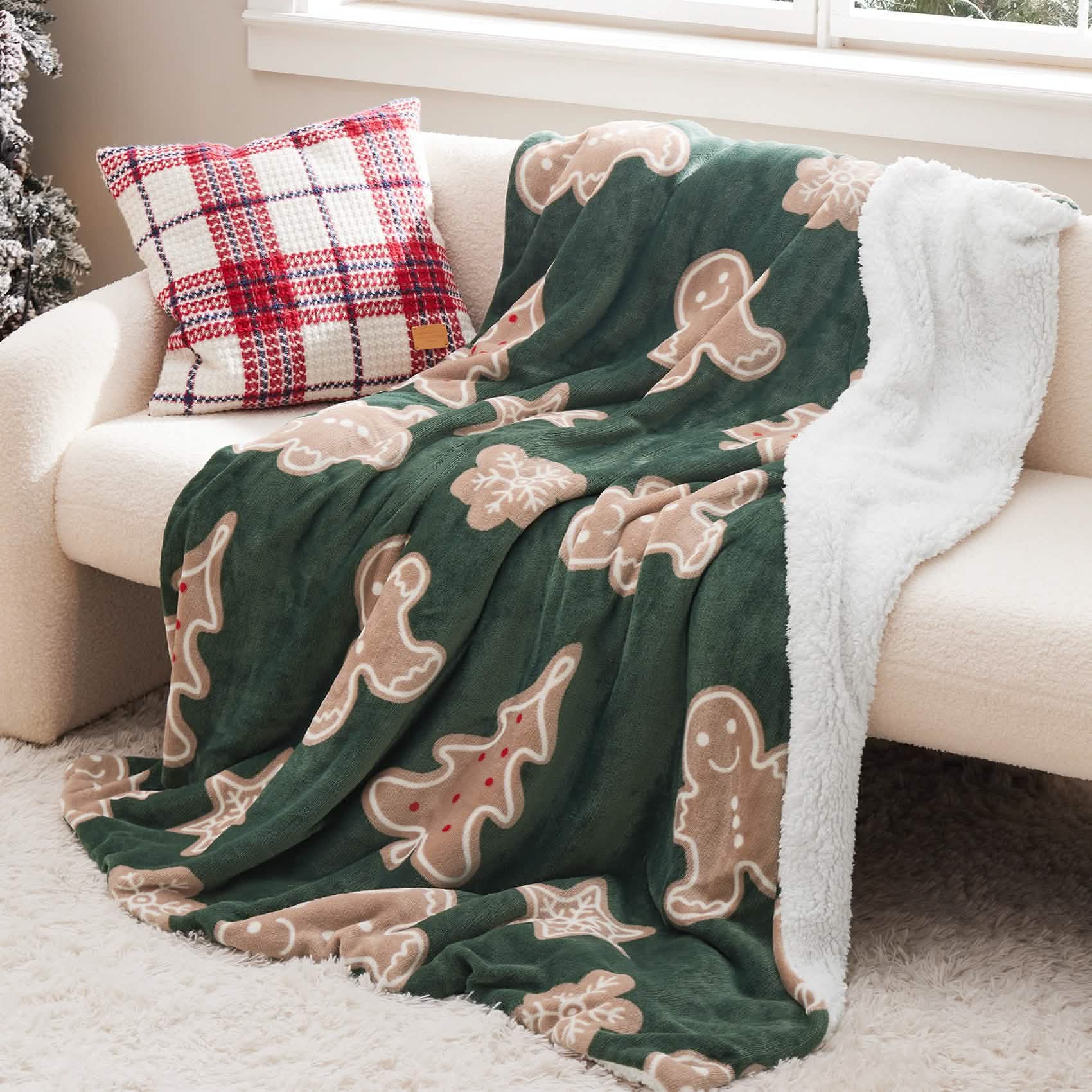 GentleSoft™ Christmas Gingerbread Green Sherpa Throw Blanket