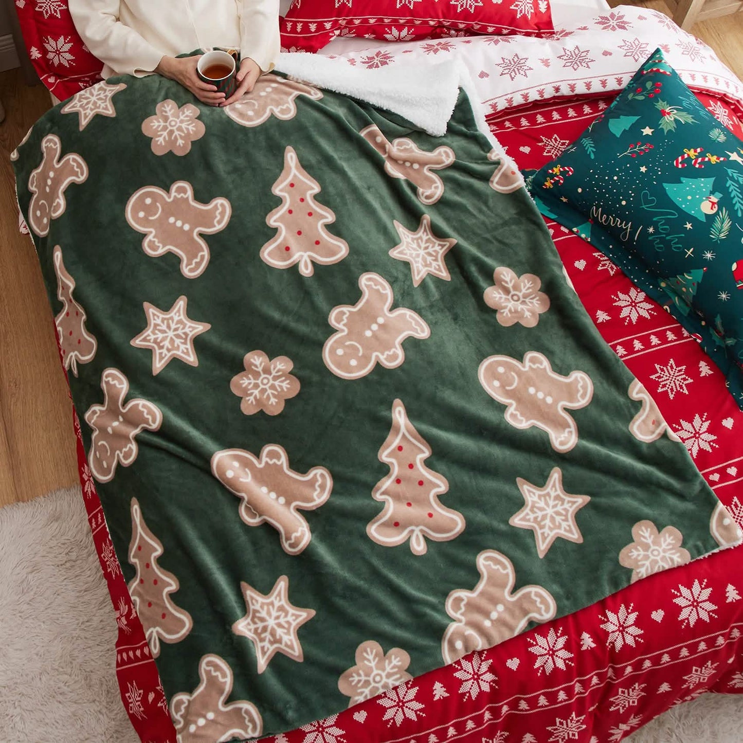 GentleSoft™ Christmas Gingerbread Green Sherpa Throw Blanket