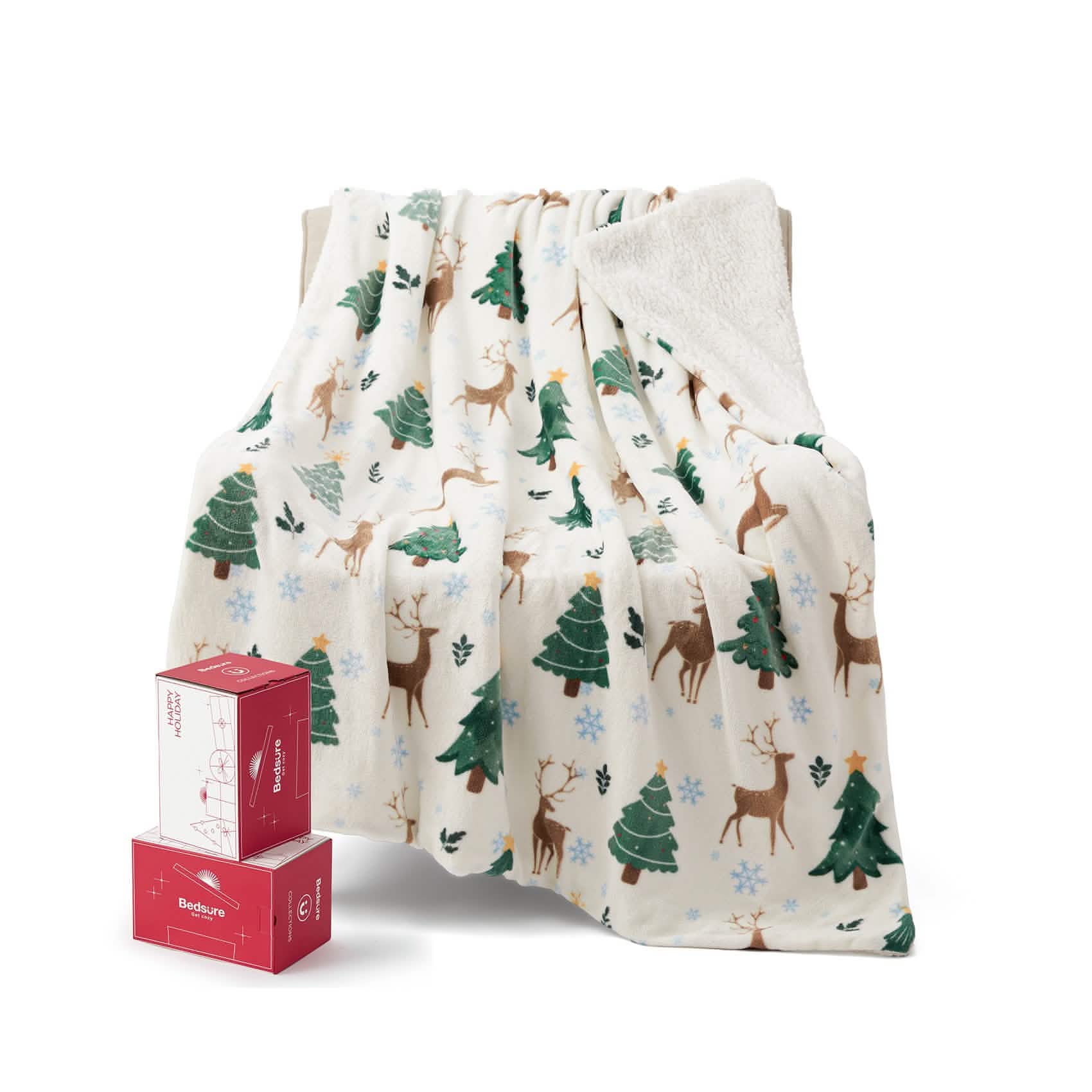 GentleSoft™ Christmas Elk White Sherpa Throw Blanket