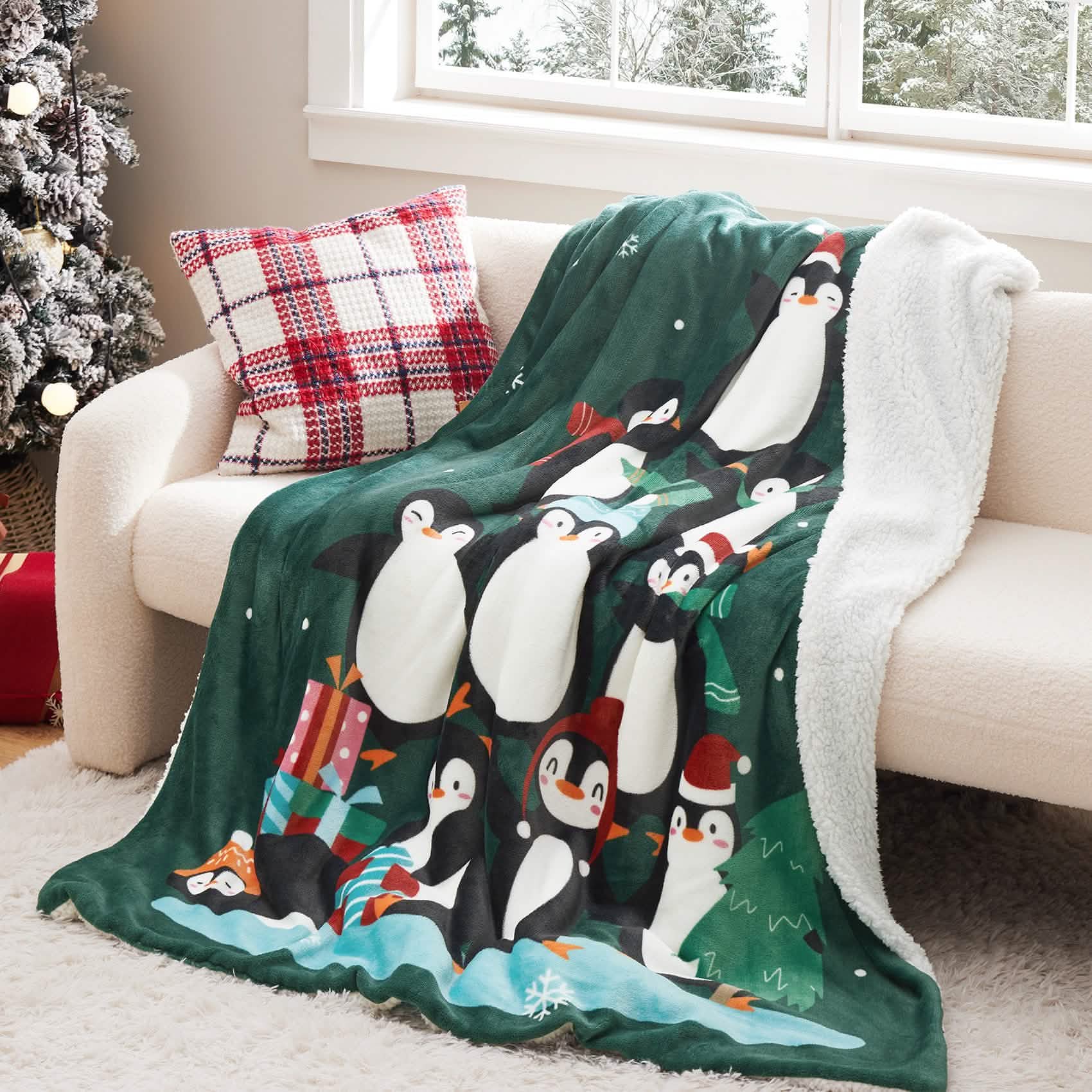 GentleSoft™ Christmas Penguin Green Sherpa Throw Blanket