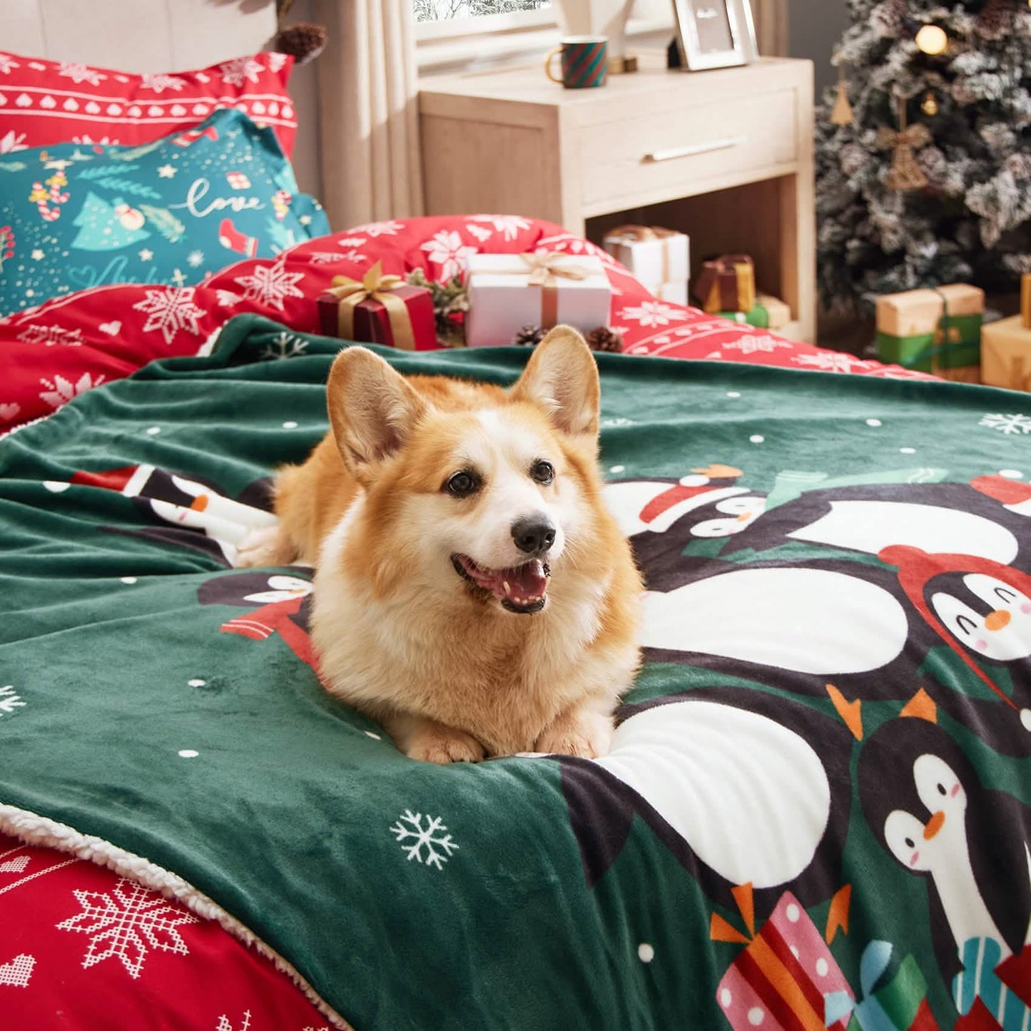 GentleSoft™ Christmas Penguin Green Sherpa Throw Blanket