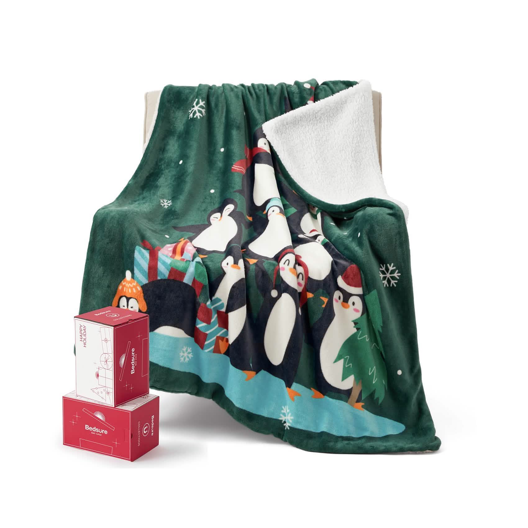 GentleSoft™ Christmas Penguin Green Sherpa Throw Blanket