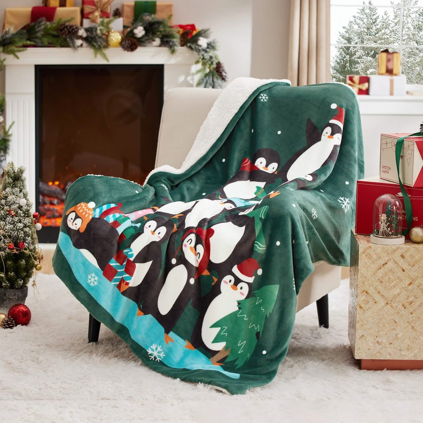 GentleSoft™ Christmas Penguin Green Sherpa Throw Blanket