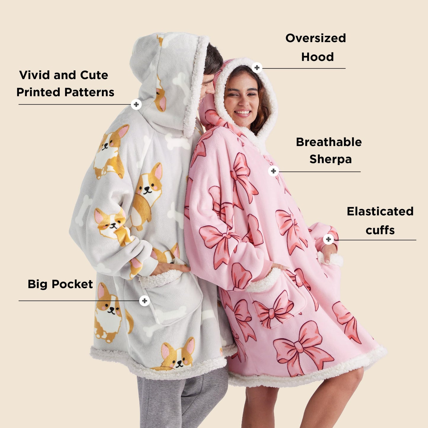 GentleSoft® Sherpa Fleece Printed Short Wearable Blanket Hoodie