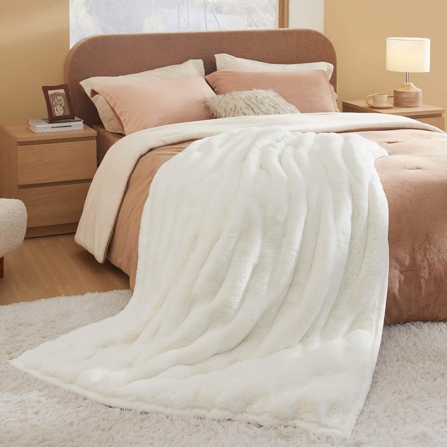 GentleSoft™ Fluffy Striped Faux Fur Blanket White