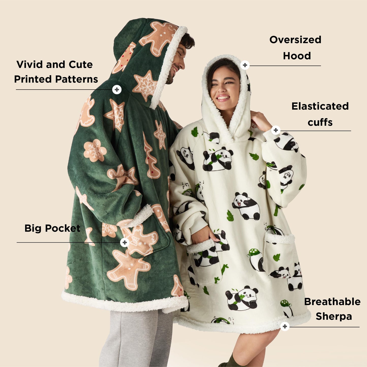 GentleSoft® Sherpa Fleece Printed Short Wearable Blanket Hoodie