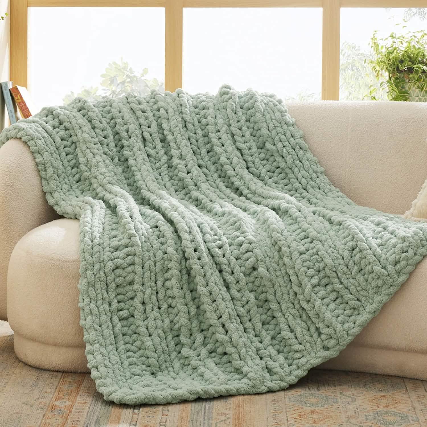 Blanket Yarn Chunky Knit Chenille Throw Blanket Mint And Ivory
