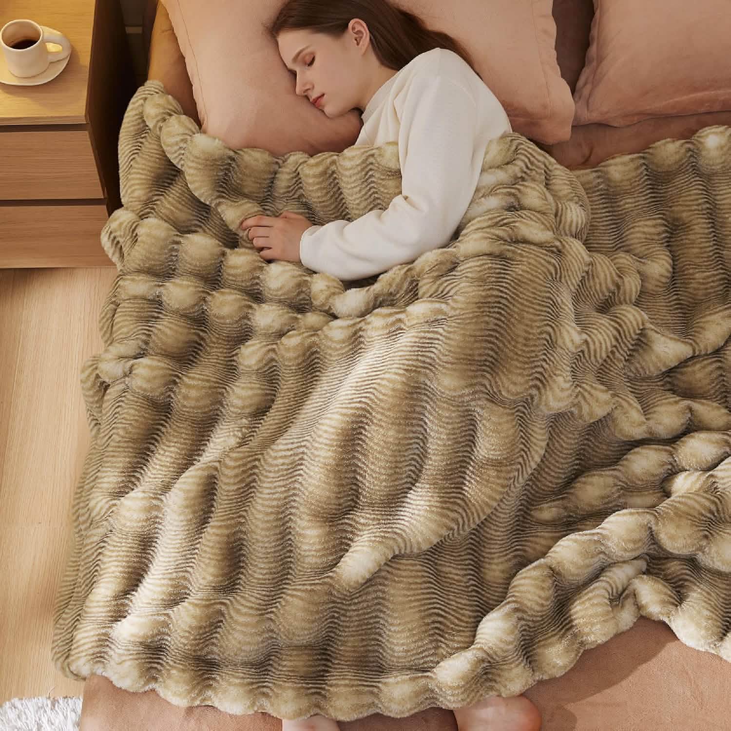 GentleSoft™ Fluffy Striped Faux Fur Blanket Beige