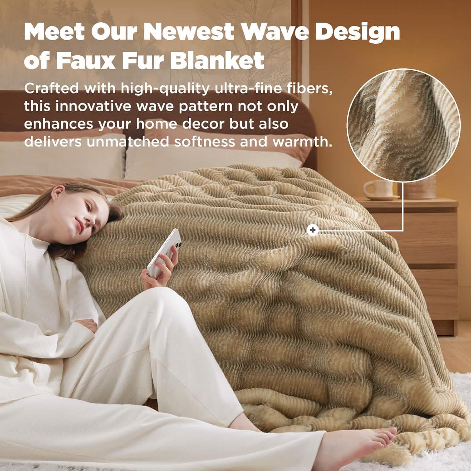 GentleSoft™ Fluffy Striped Faux Fur Blanket Beige