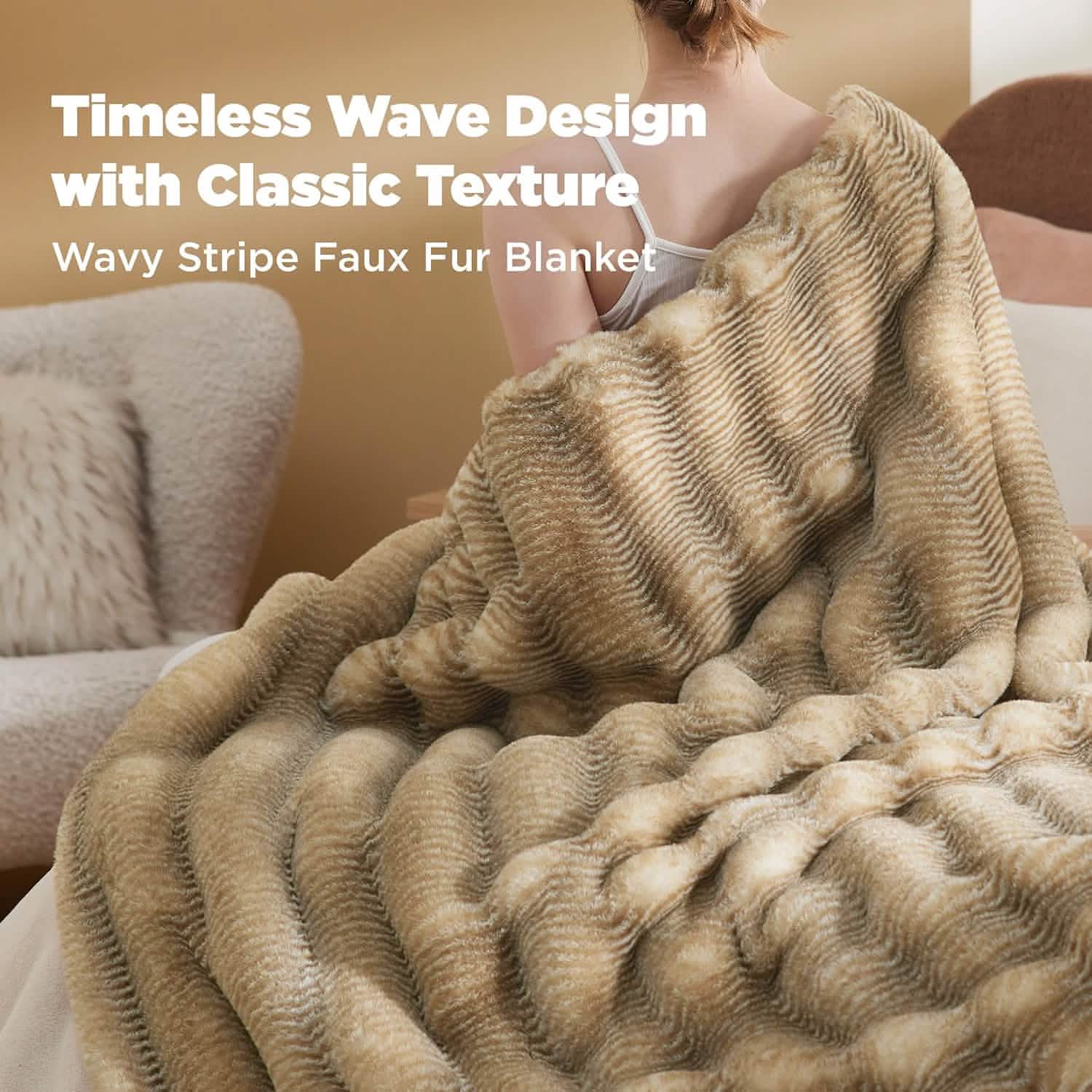 GentleSoft™ Fluffy Striped Faux Fur Blanket Beige