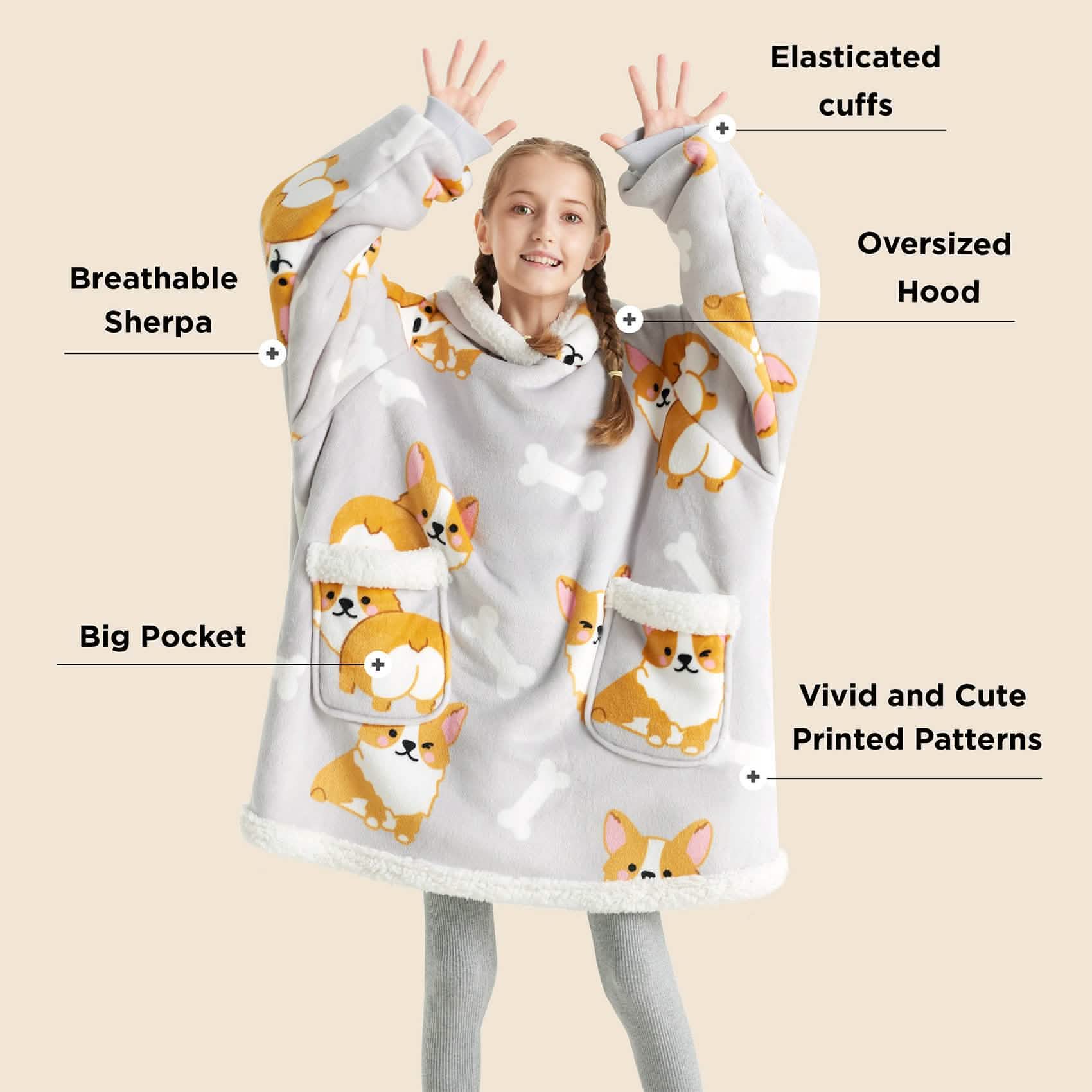 GentleSoft™ Sherpa Fleece Printed Short Wearable Blanket Hoodie