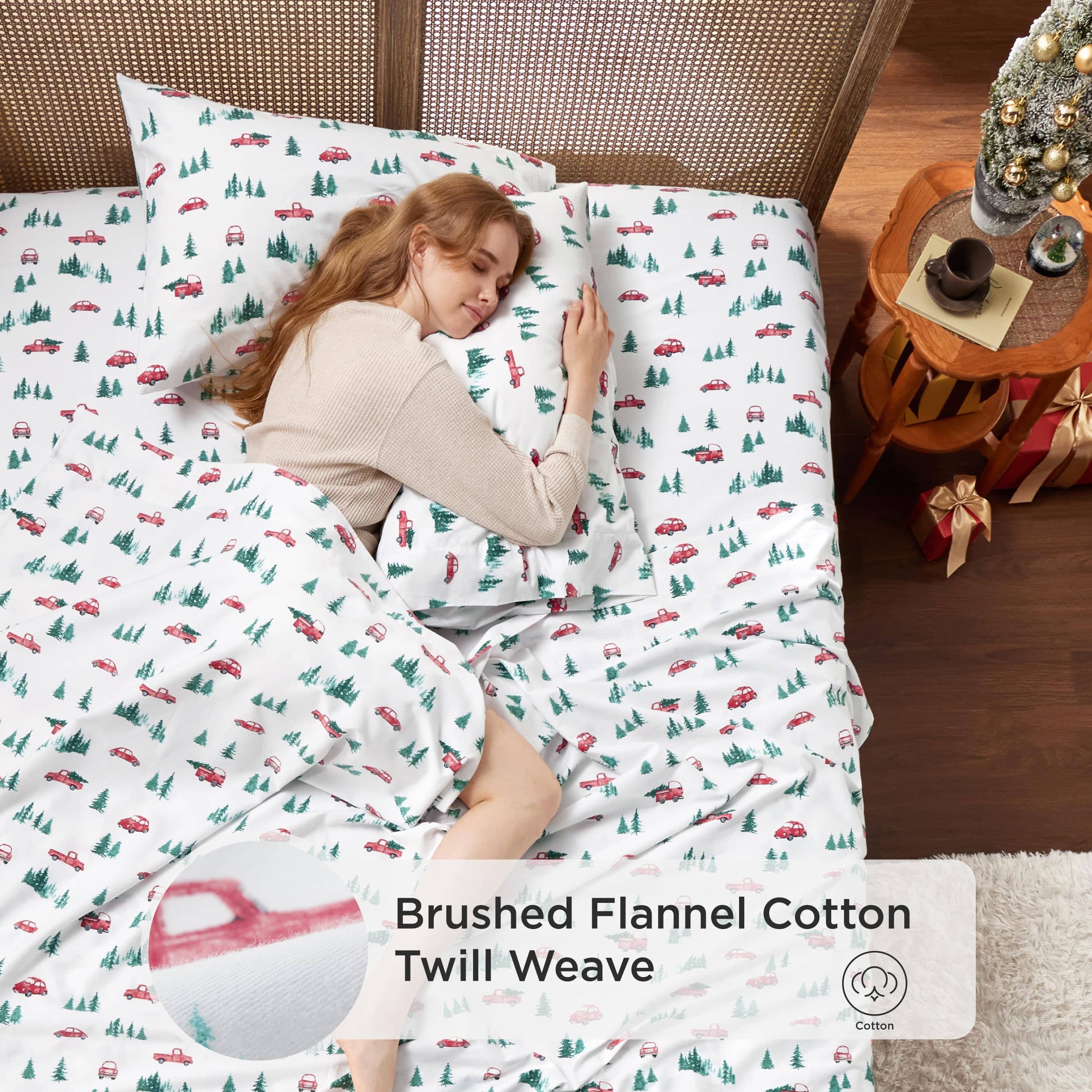 100% Cotton Christmas Car Printed Flannel Sheet Set