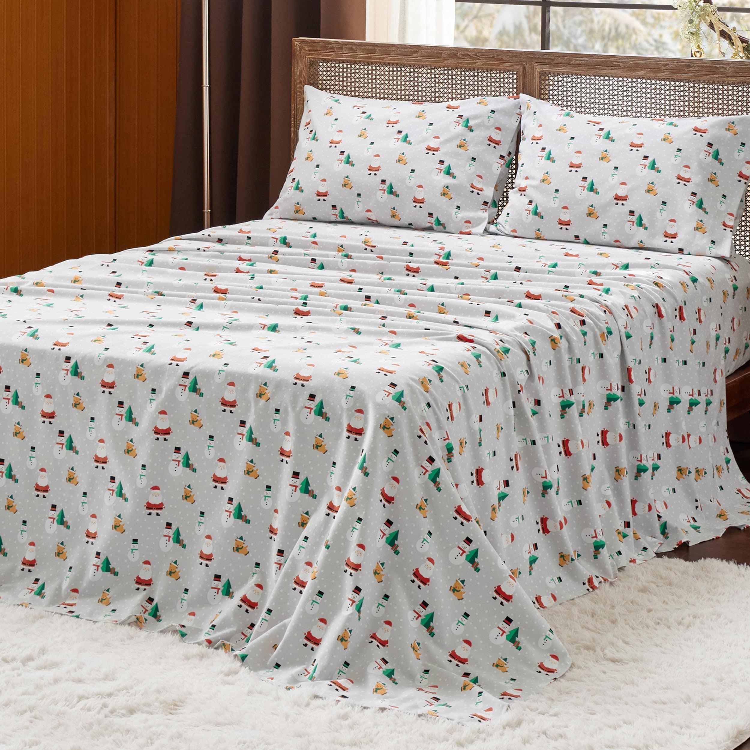 100% Cotton Christmas Santa Printed Flannel Sheet Set