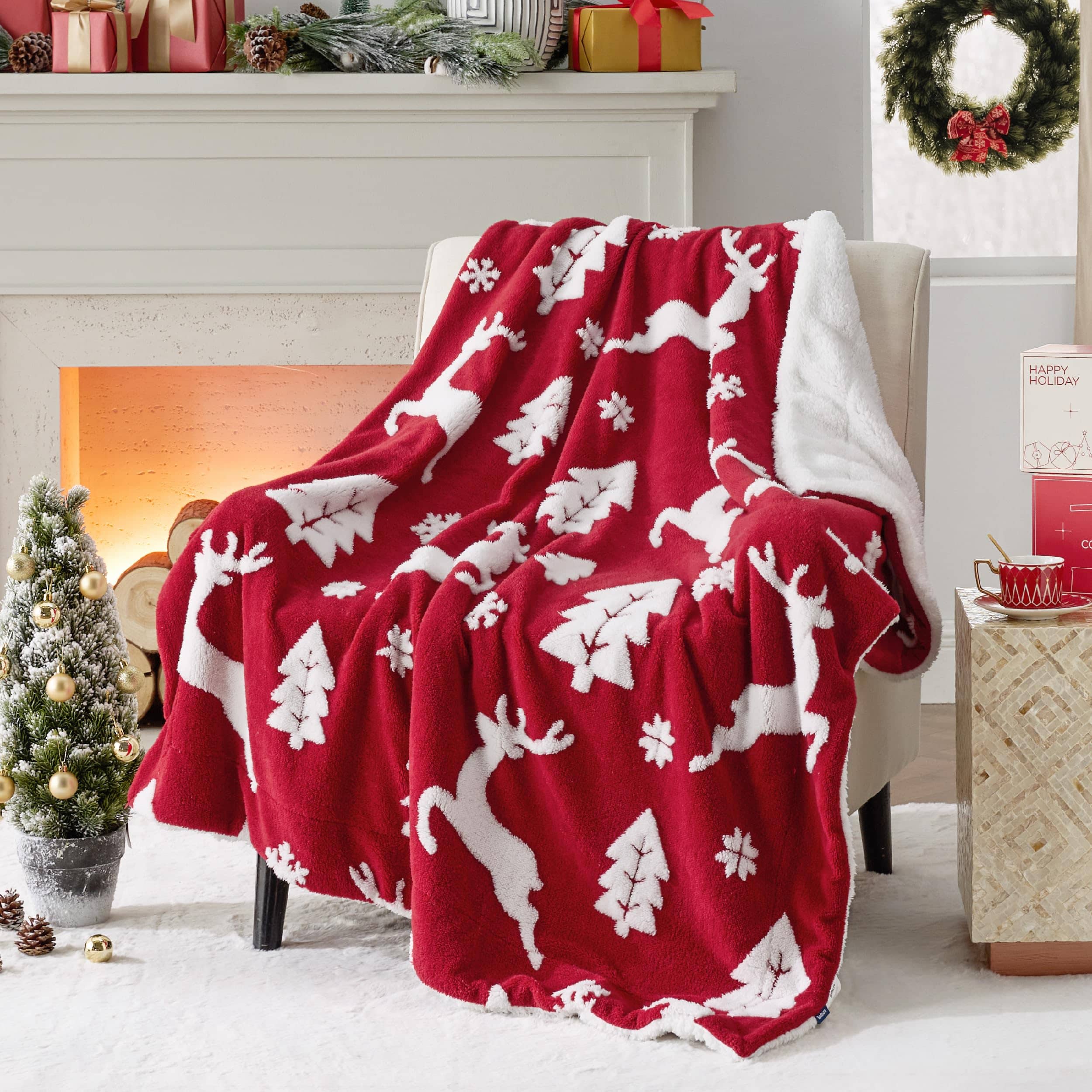 Bedsure Christmas Elk Red Sherpa Throw Blanket