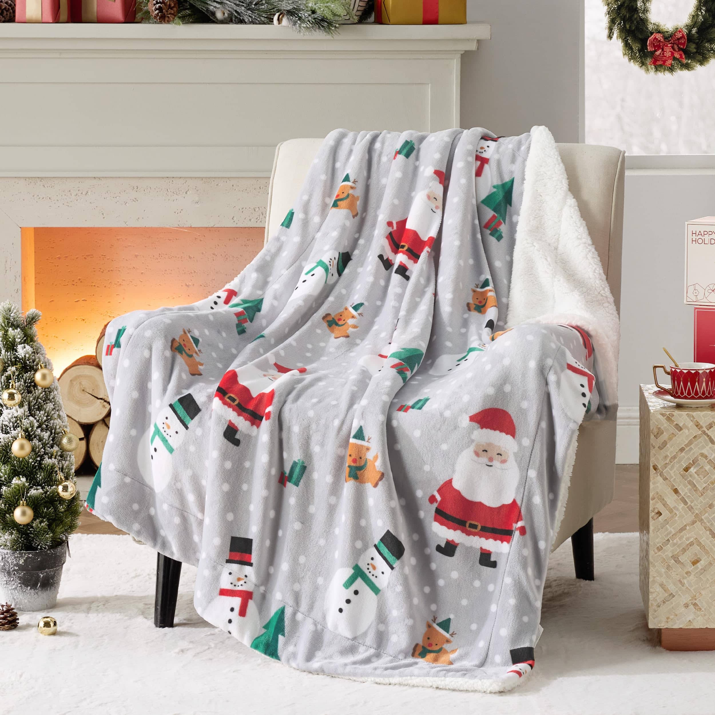 Bedsure Christmas Santa Grey Sherpa Throw Blanket