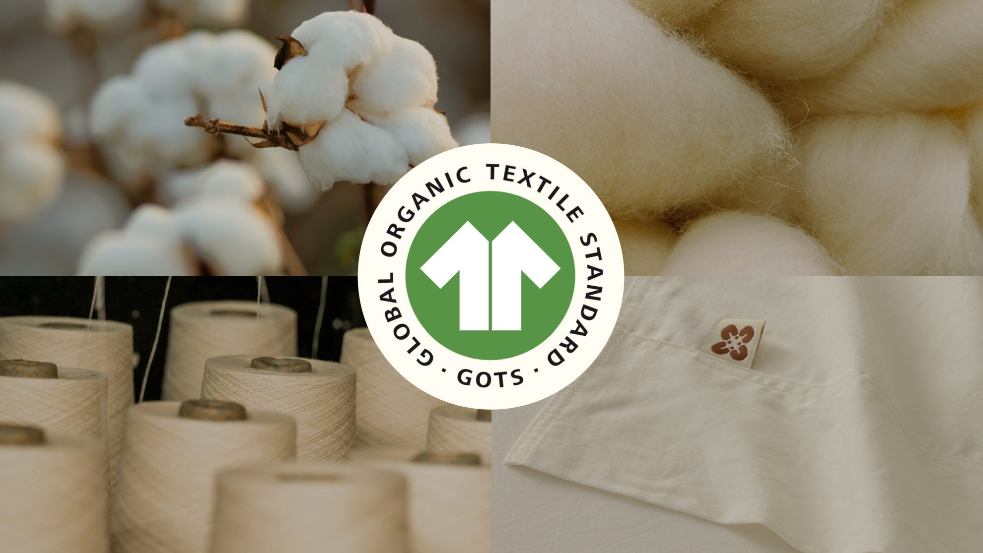 Collage showing the official Global Organic Textile Standard (GOTS) logo over raw cotton, wool, yarn spools, and finished organic fabric, illustrating a complete certified textile supply chain.