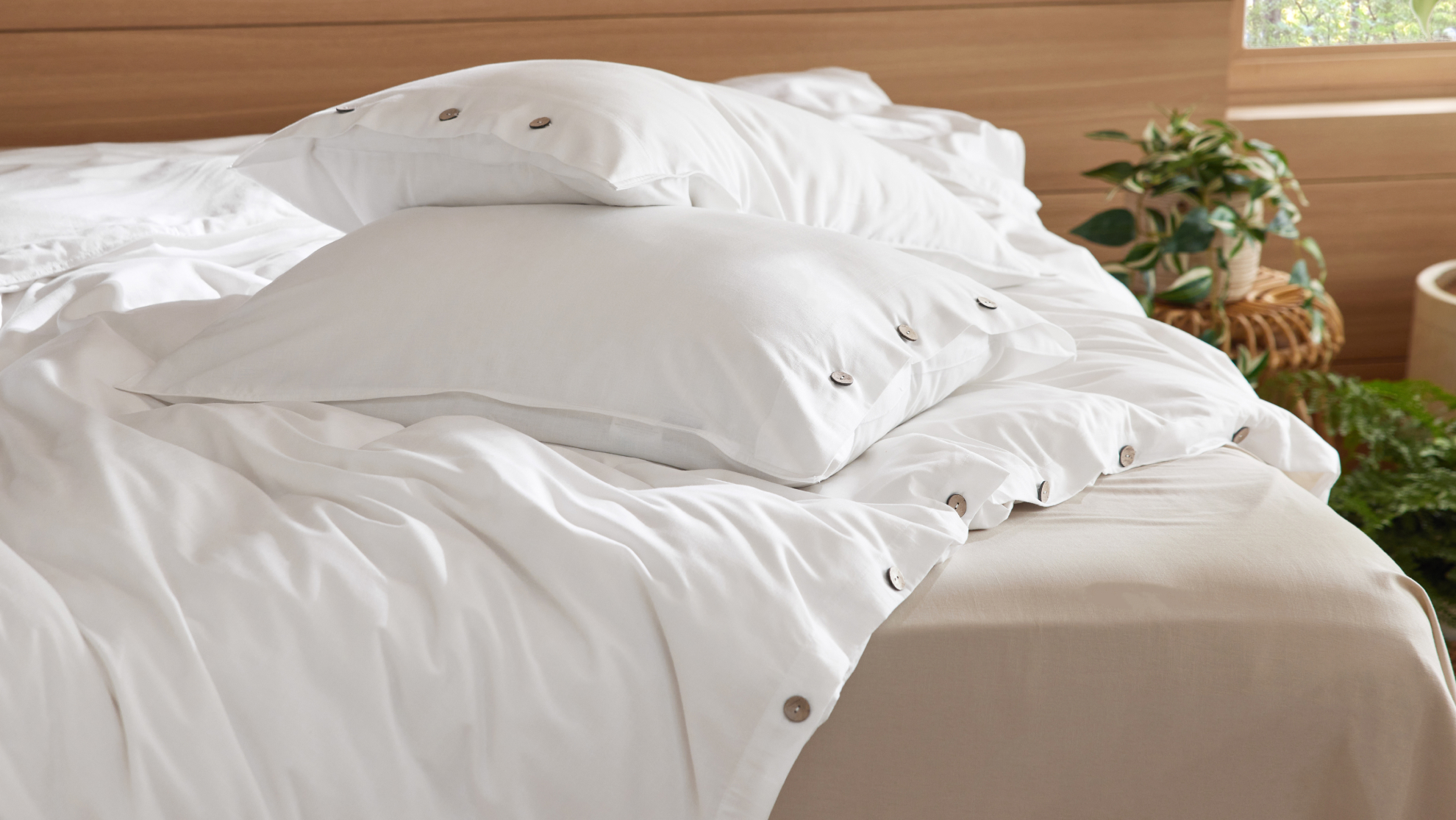 White duvet cover and pillows arranged on a bright bed beside indoor plants.