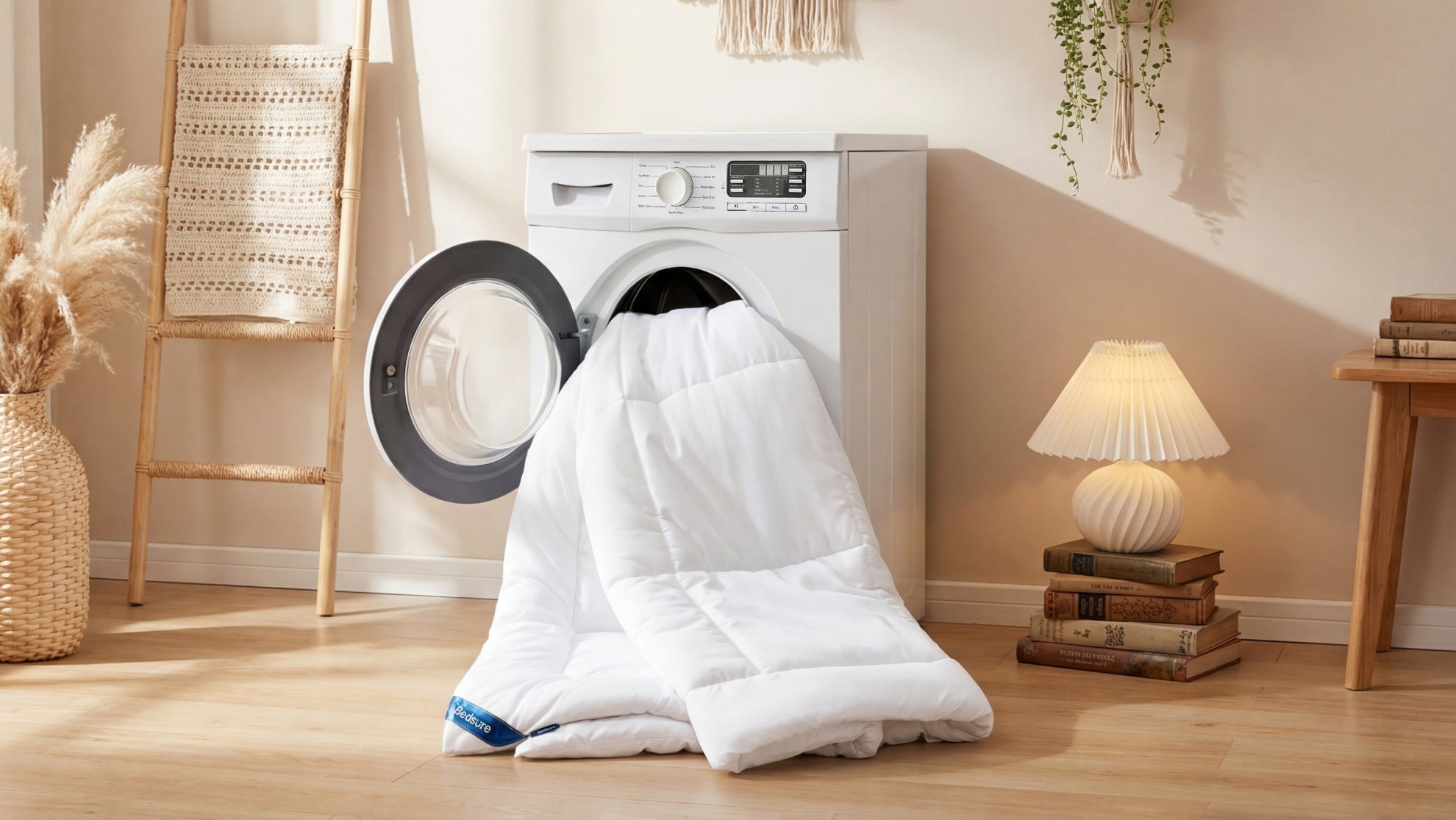 White fluffy comforter loaded into a large capacity washing machine to demonstrate proper home laundry care.