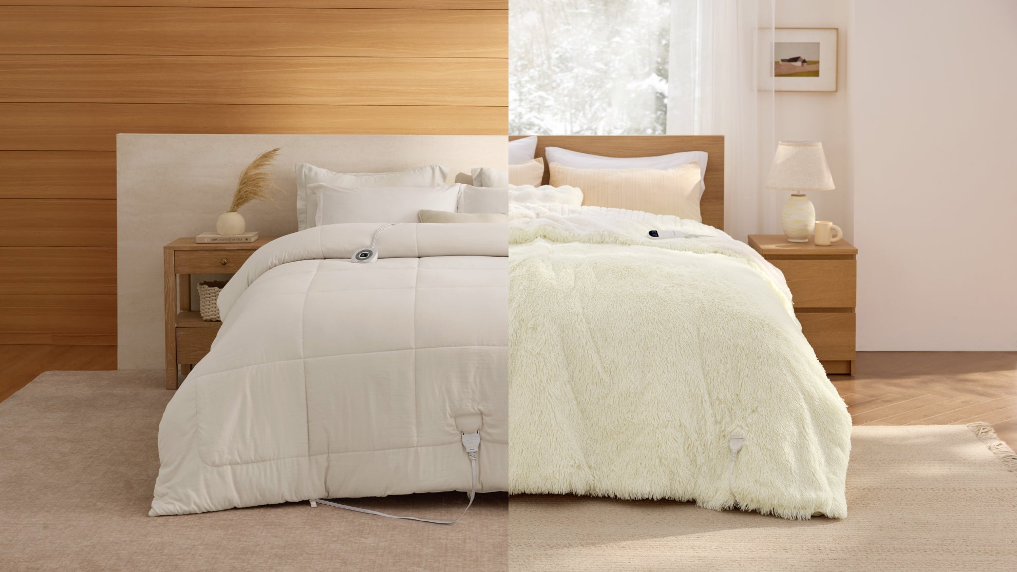 A white quilted comforter and fluffy cream blanket cover a wooden bed, with visible controllers and a power cord in a softly lit bedroom.