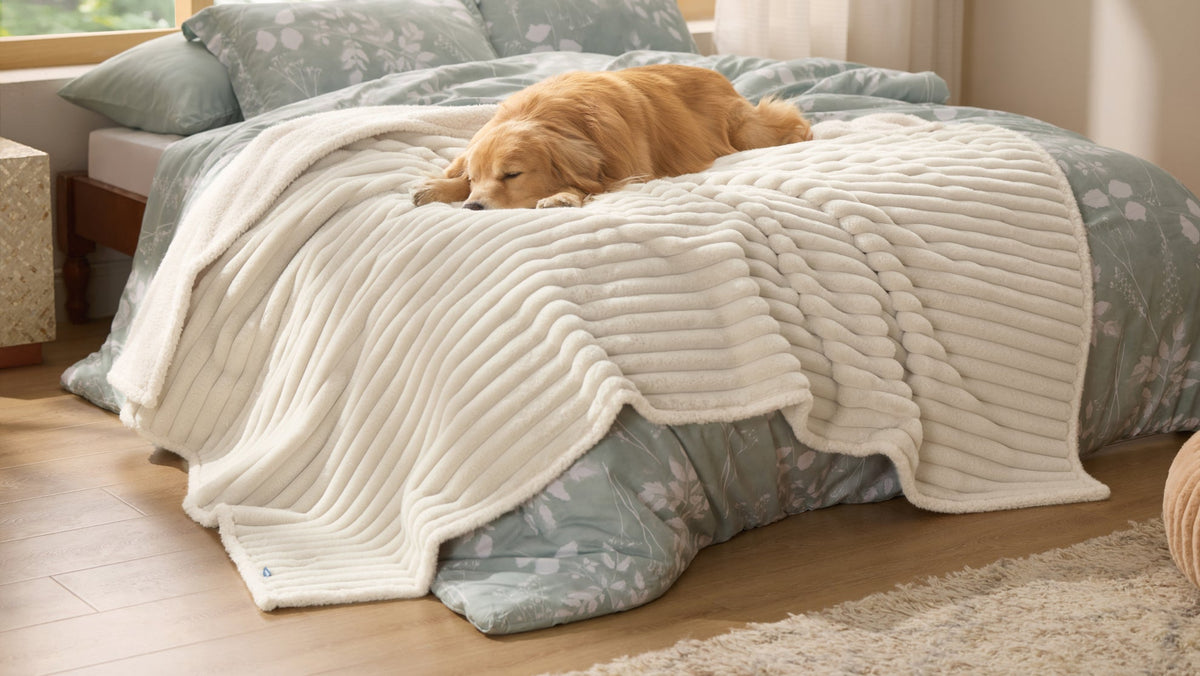 A golden retriever sleeping on a cream ribbed plush blanket spread over a bed