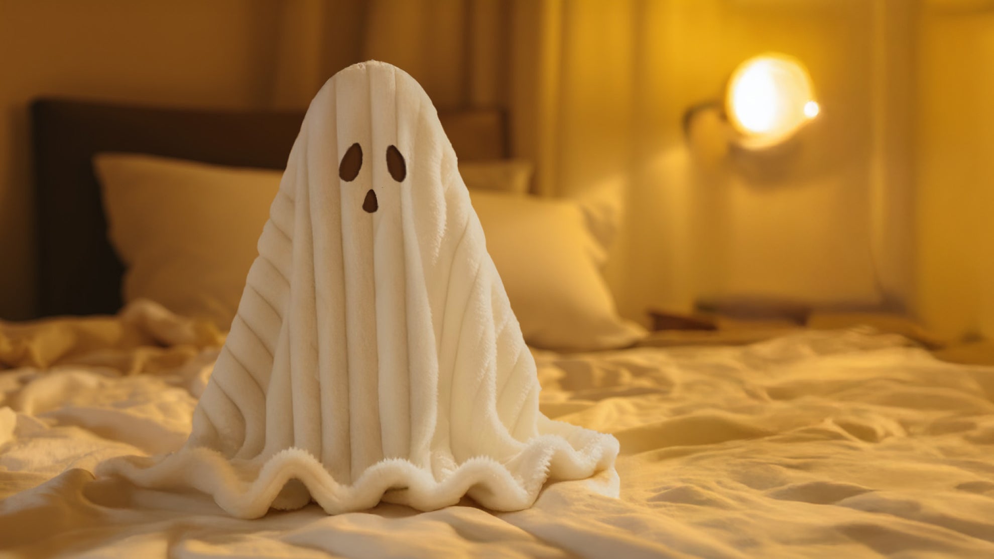 Cozy Halloween bedroom decor featuring white ghost figure on bed with warm ambient lighting for spooky season atmosphere