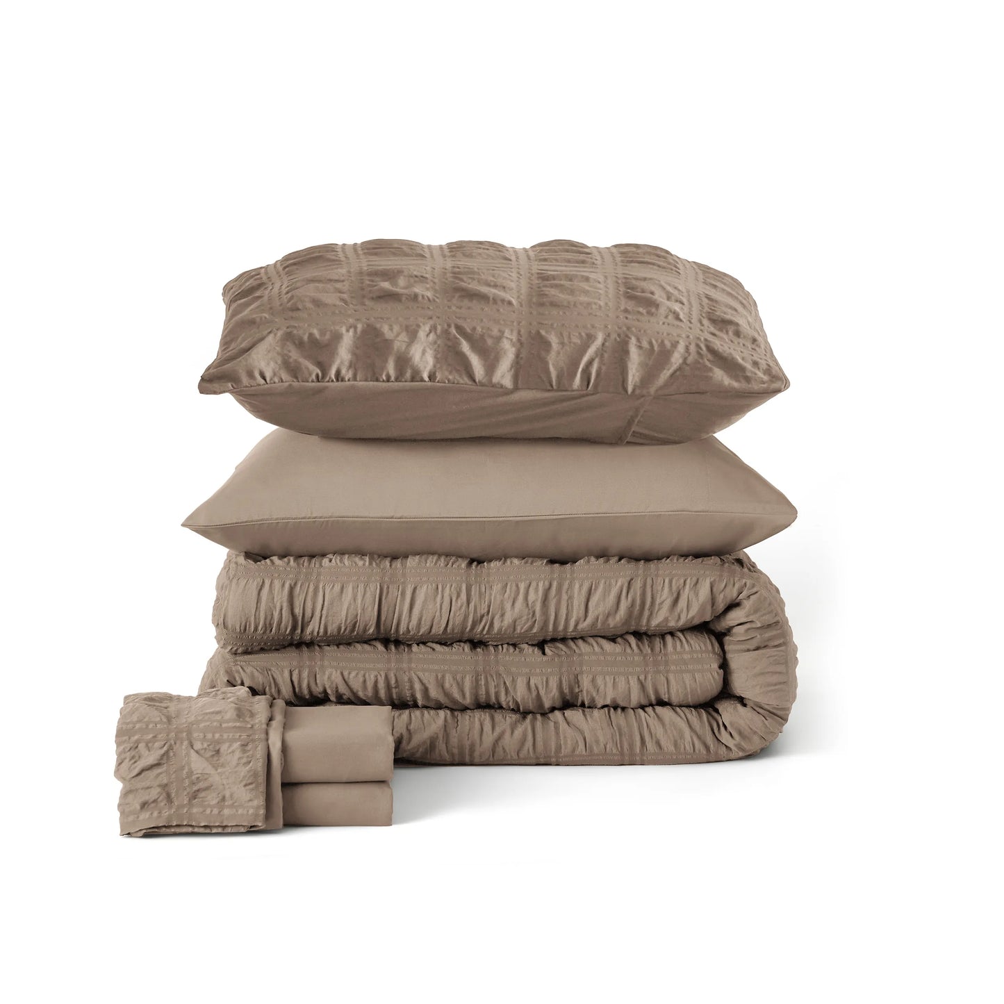 Taupe Seersucker Bed-in-a-Bag: ruched comforter, seersucker pillowcase, folded sheets.