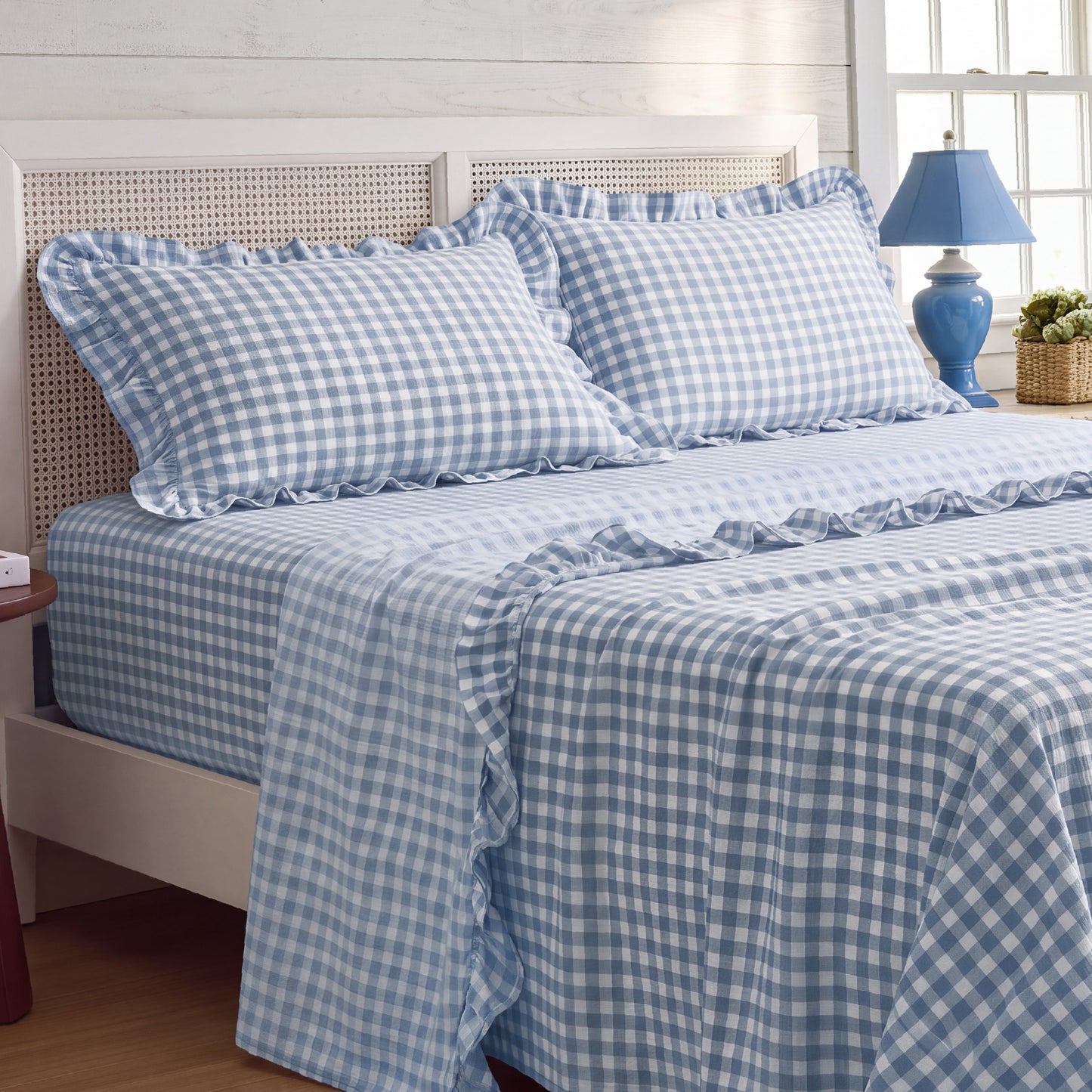 Ruffled Cotton-Like Gingham Sheet Set