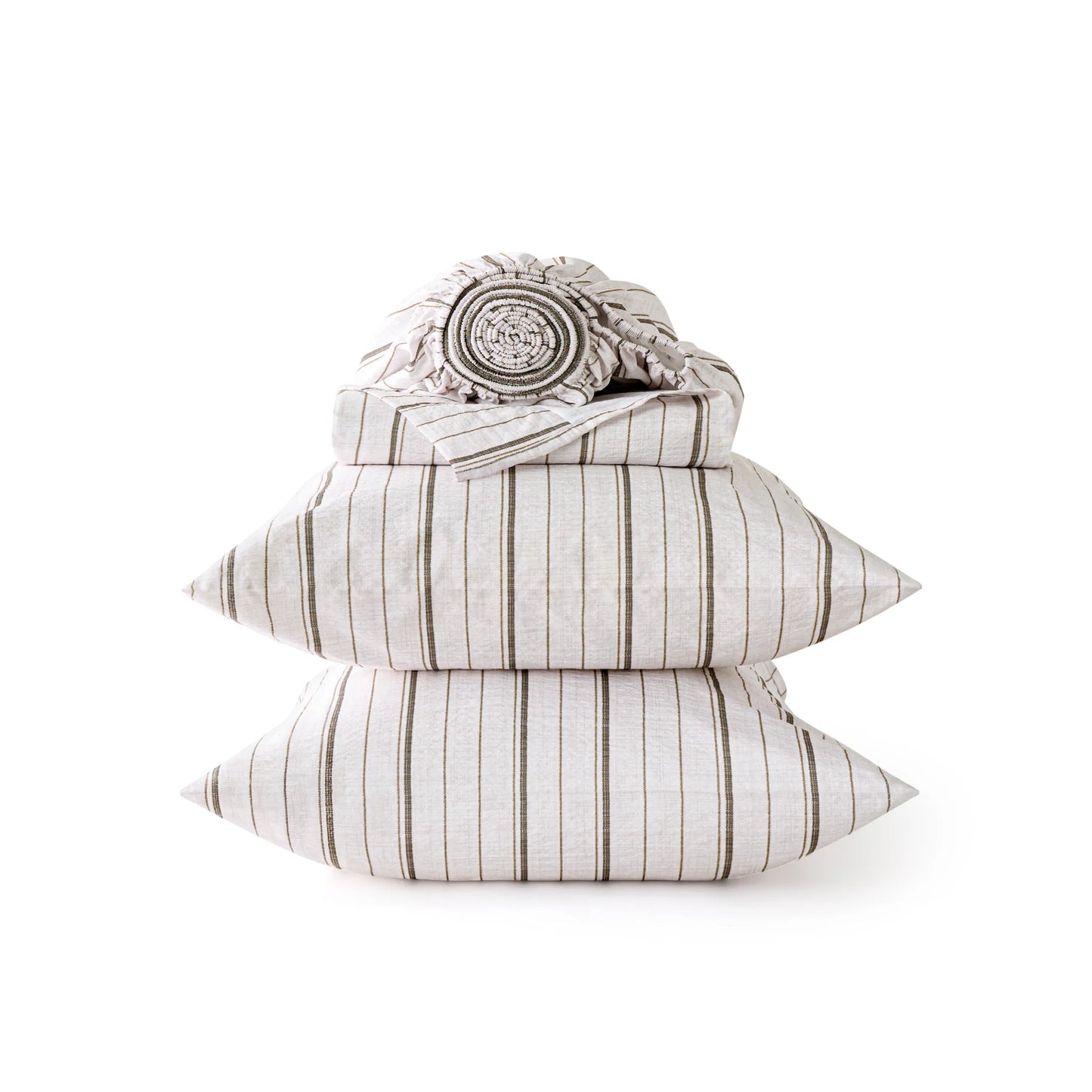 Cotton-Like Striped Sheet Set: pillows, folded flat & fitted sheets, neutral stripes.