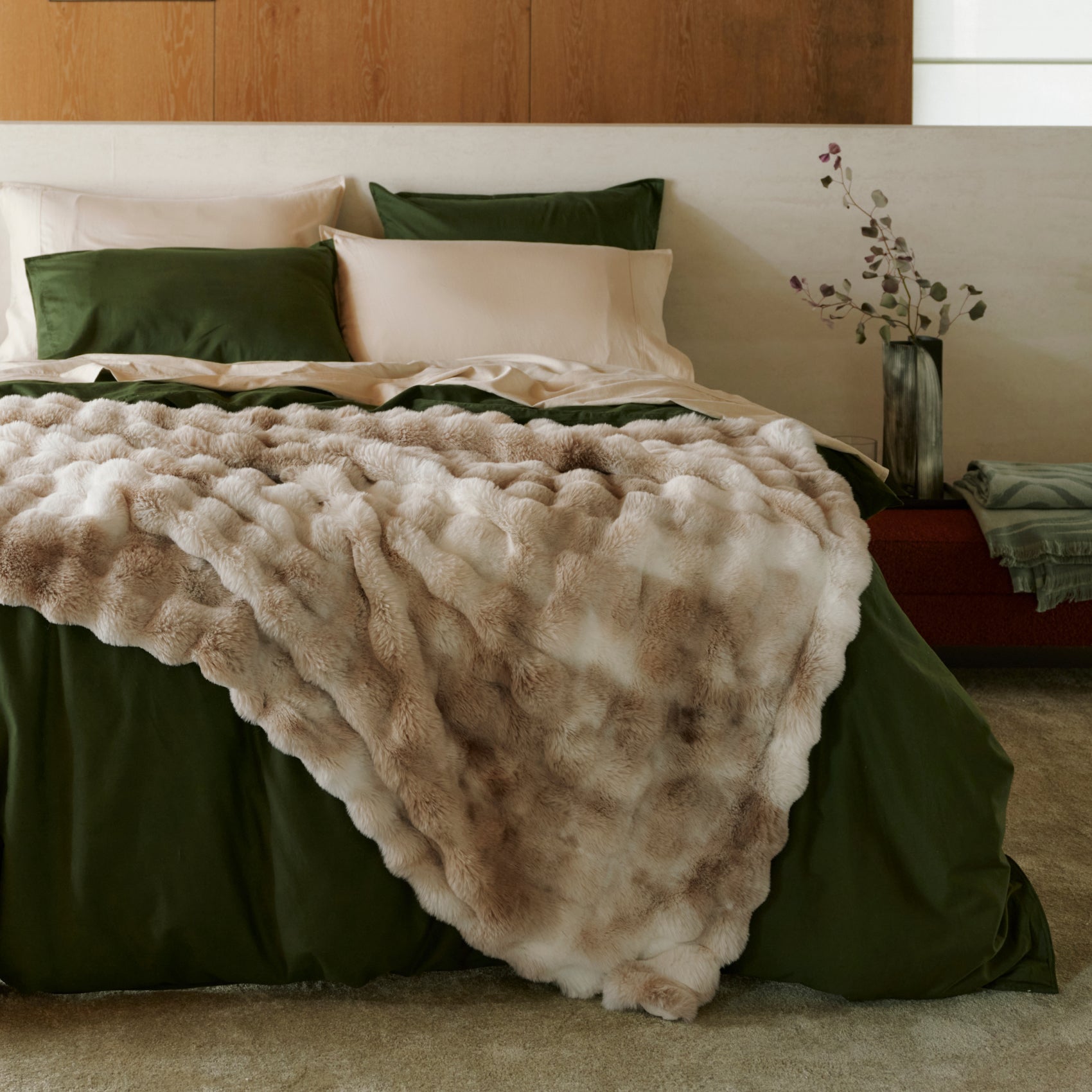PureWoven plush luxe bundle: green bamboo-cotton bedding with textured throw.