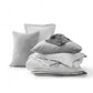 Gray and white reversible bed-in-a-bag set with quilted comforter, pillow shams, and fitted sheet.