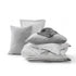 Gray and white reversible bed-in-a-bag set with quilted comforter, pillow shams, and fitted sheet.