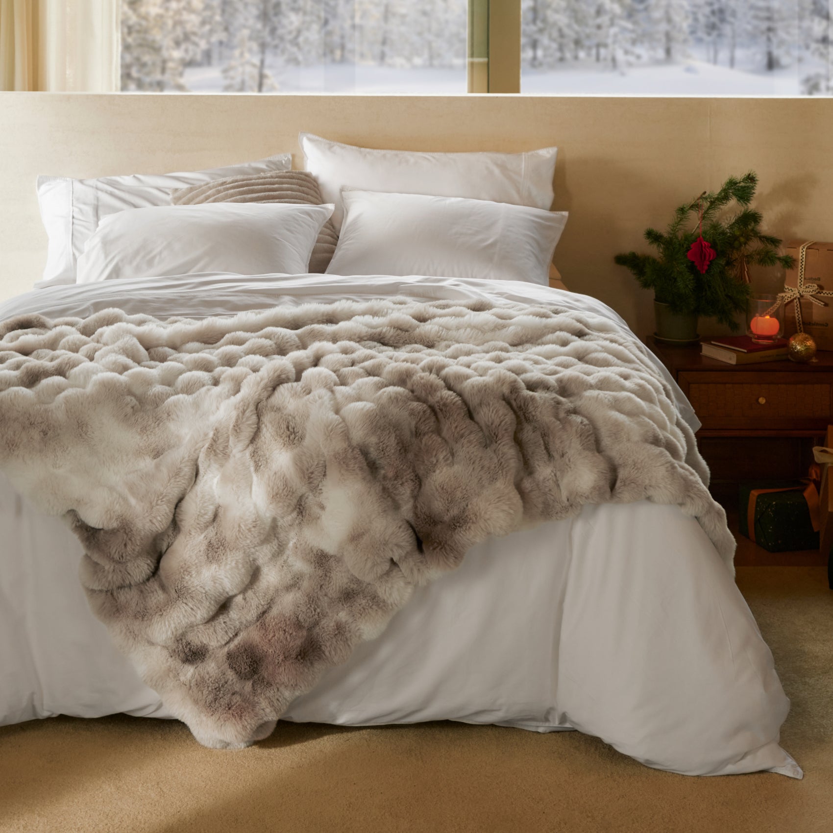 PureWoven Plush Luxe Bundle: textured bubble faux fur blanket on organic cotton bedding.