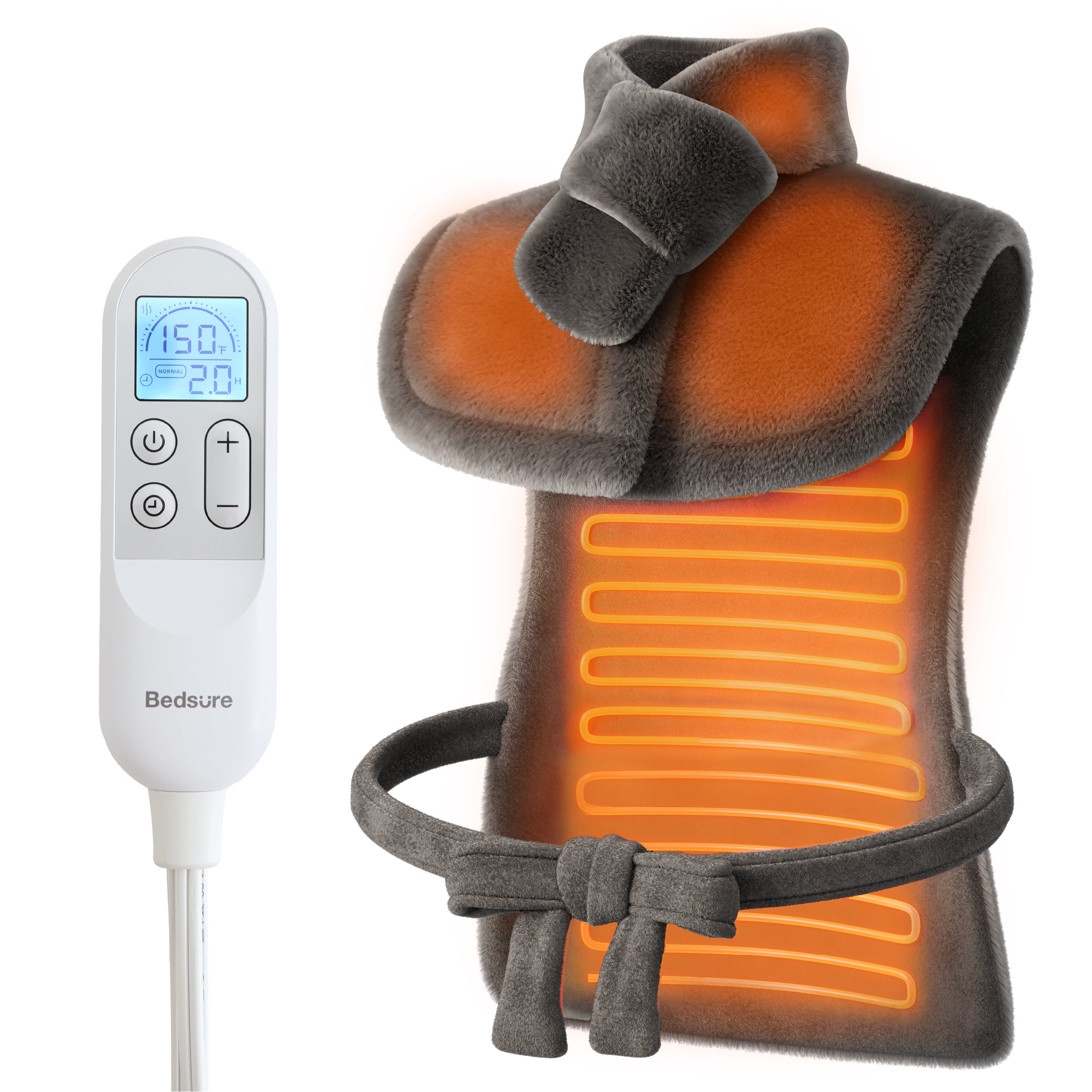 Bedsure smart heating pad for neck & shoulders, plush grey, with digital controller & timer.