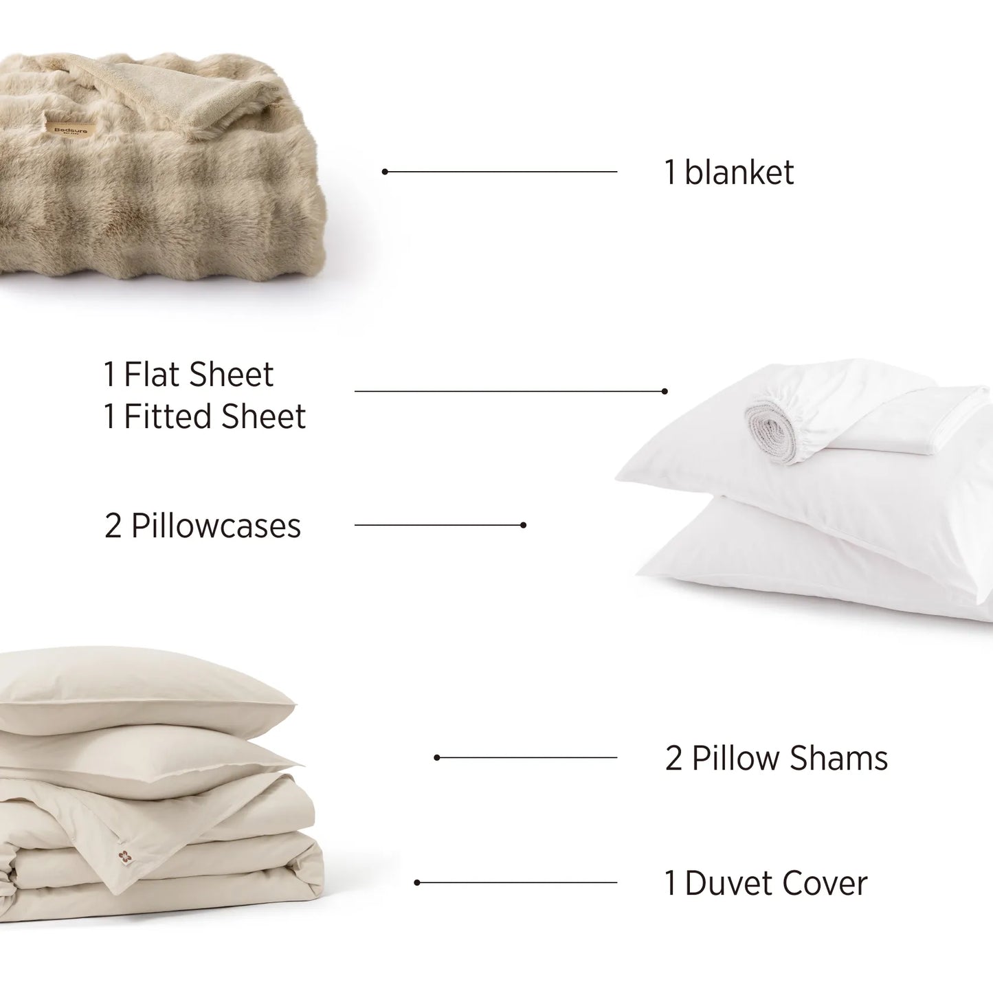 Slub Cotton Luxe Bundle: beige plush blanket, beige cotton duvet cover/shams, white rayon sheets/pillowcases.