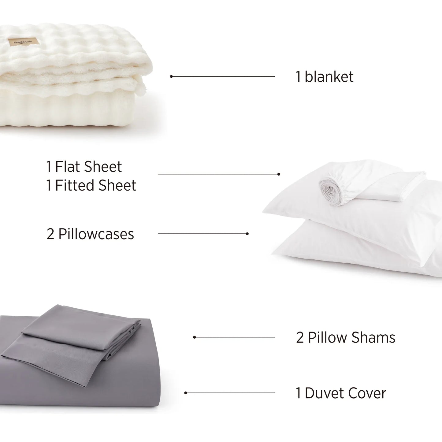 Rayon derived from bamboo luxe bundle contents: white blanket, grey duvet, white sheets, pillowcases, shams.