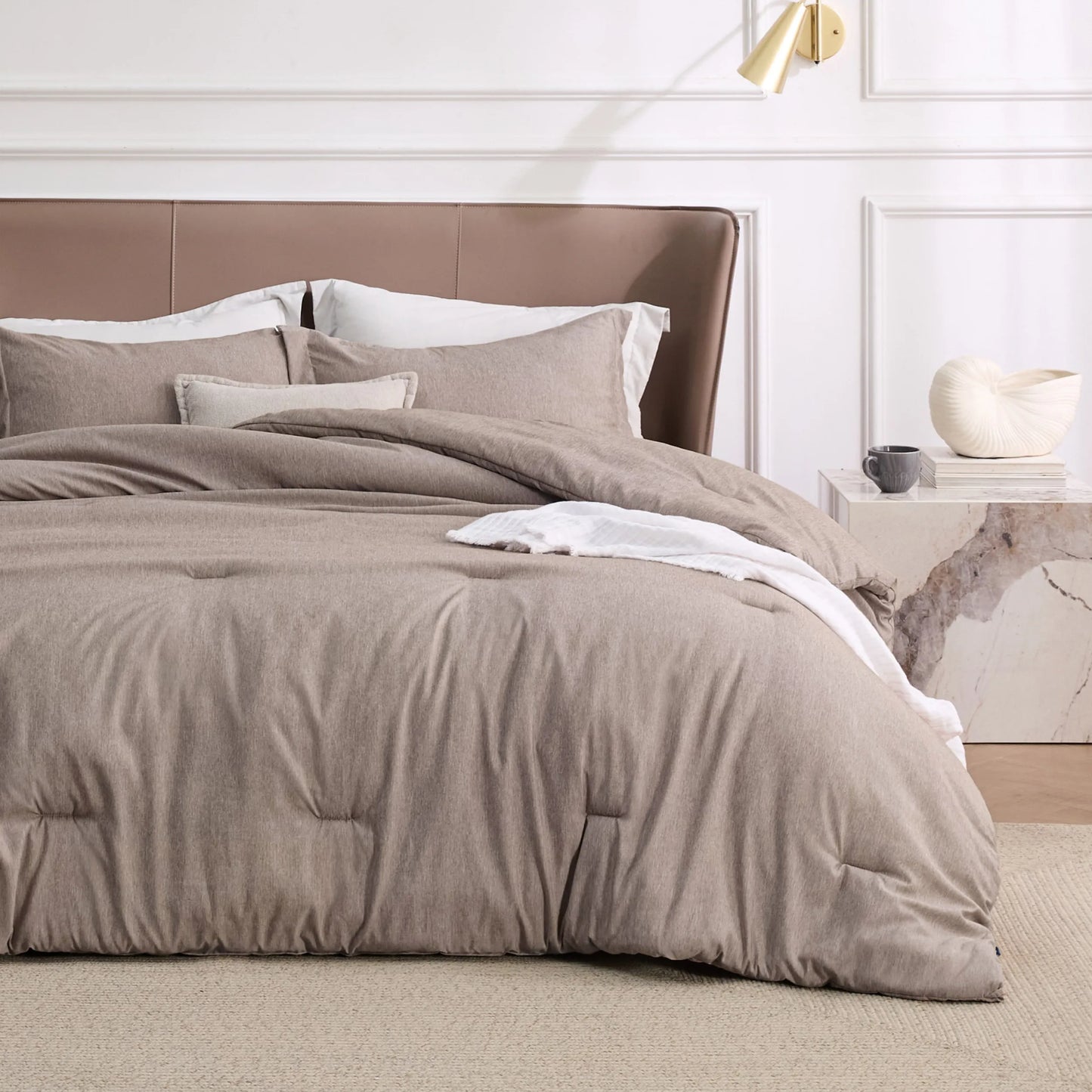 Soft taupe cationic dye comforter set, 100gsm, featuring subtle dual-tone texture.