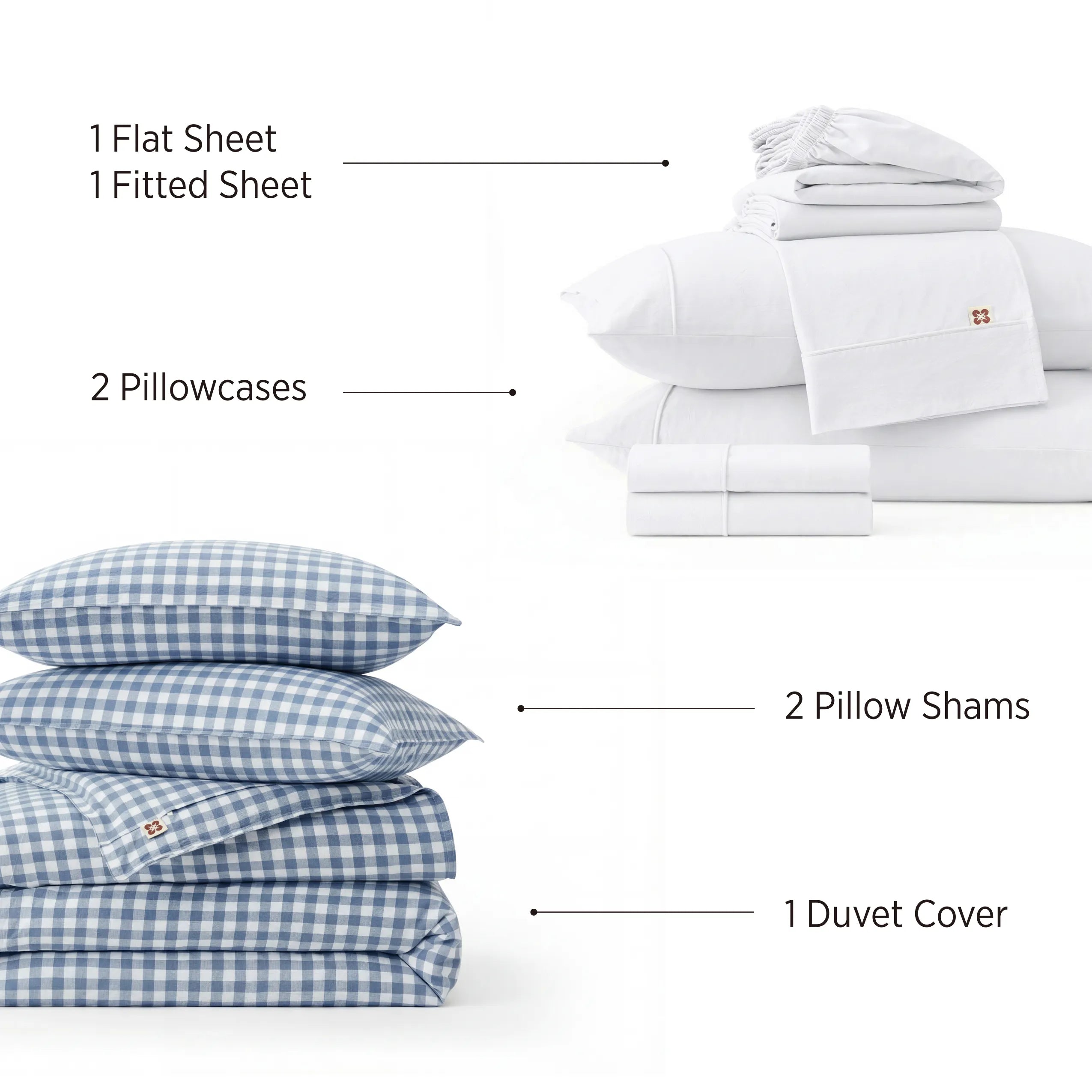 White cotton sheet set & blue gingham duvet cover set from Natural Weekend Gingham Bundle.