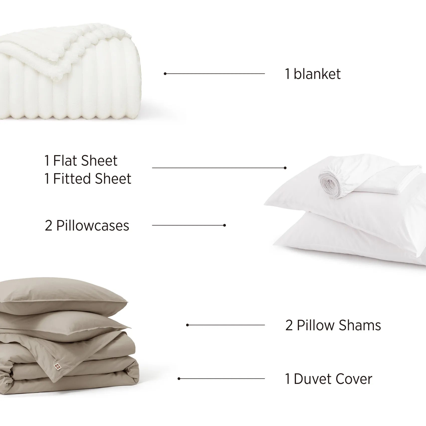 Slub Cotton Modern Cozy Bundle contents: white blanket, white sheets, taupe duvet cover, shams.
