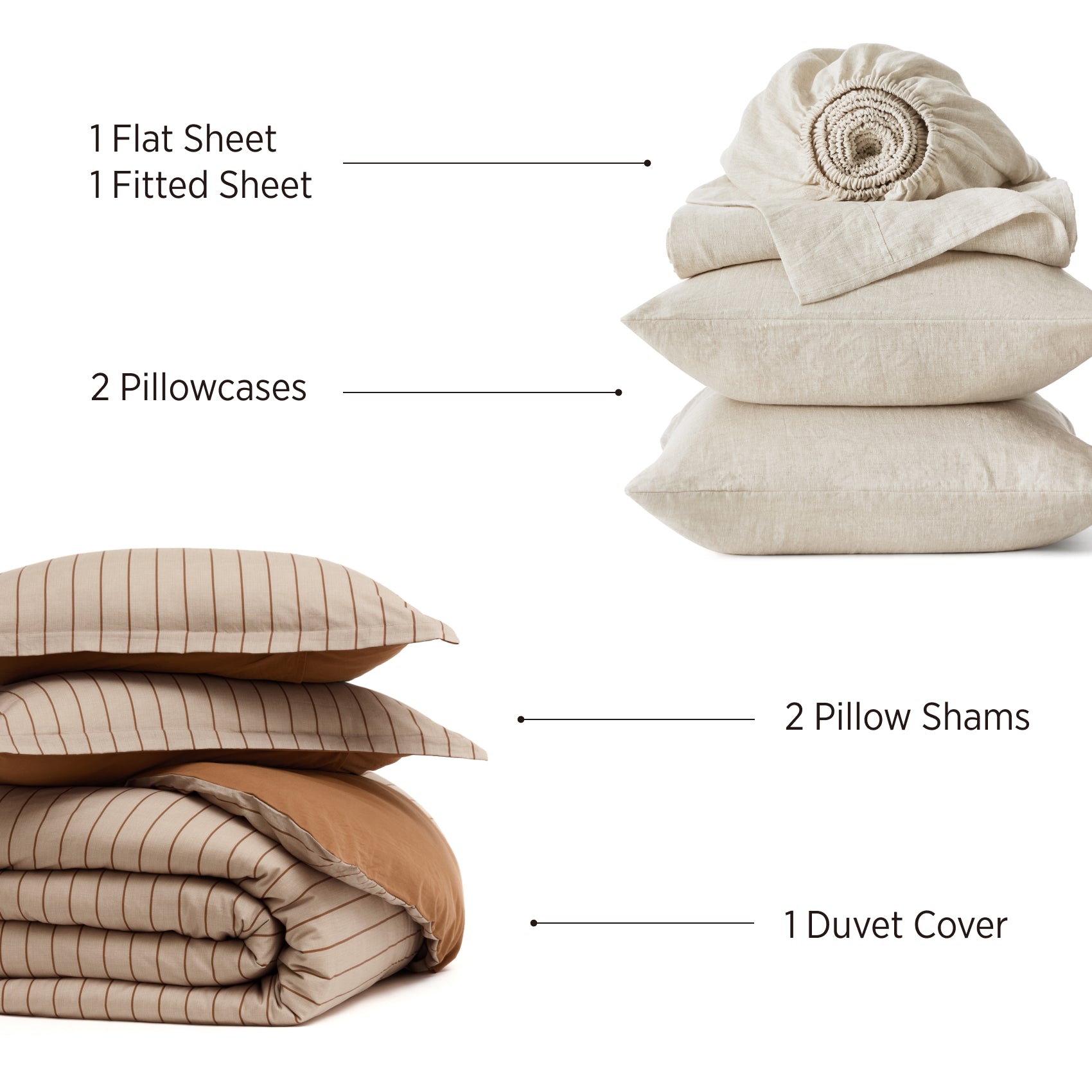 Bedding set with flat sheet, fitted sheet, pillowcases, pillow shams, and duvet cover on a white background.