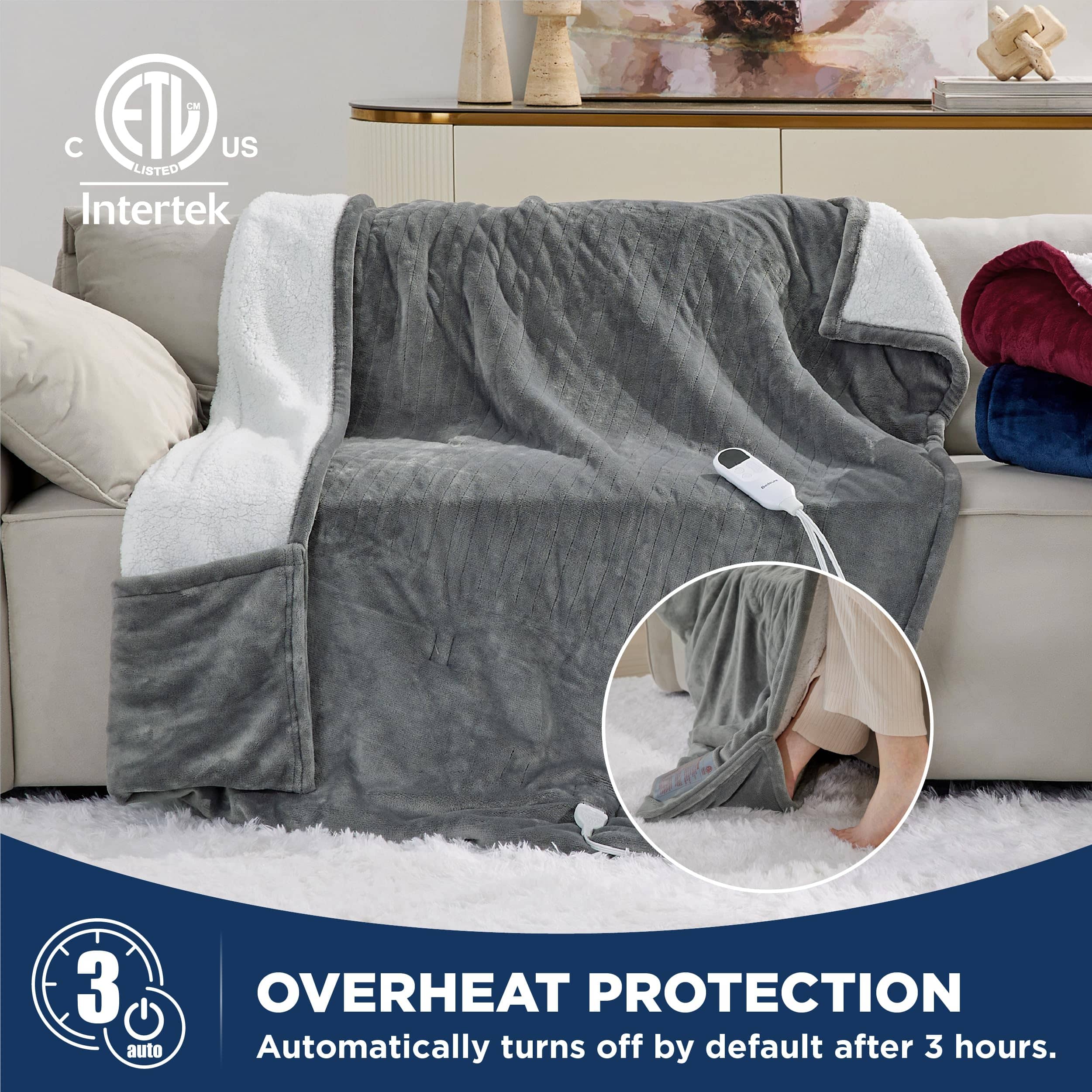 Heated Throw Blanket Electric Fast Heating with Foot Pocket with 10 Heating  Levels, 5 Auto Shut Off, Warm Soft Flannel Machine Washable , Grey