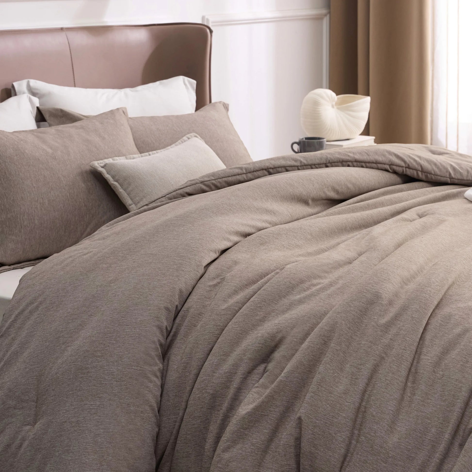 Cationic dye comforter set in textured taupe with subtle dual-tone effect.