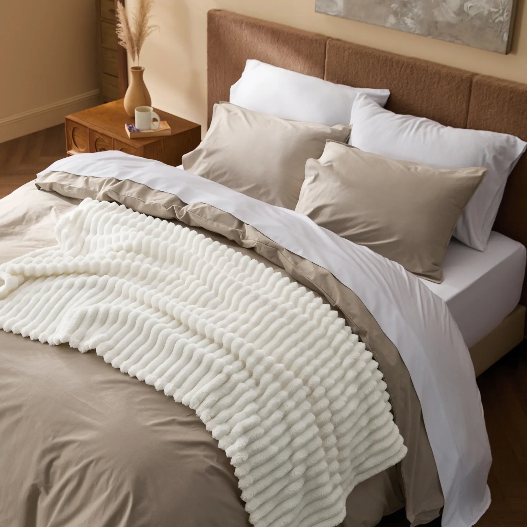 Slub Cotton Modern Cozy Bundle featuring neutral bedding & plush textured white blanket.