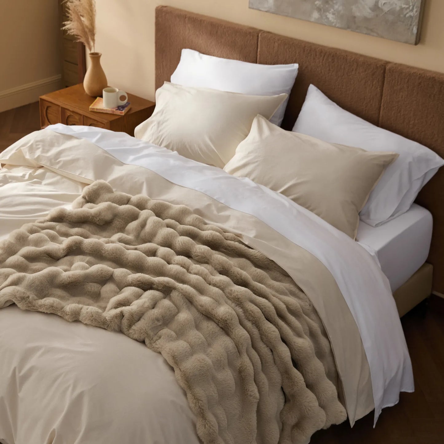 Slub Cotton Plush Luxe Bundle: textured plush blanket on neutral bedding.