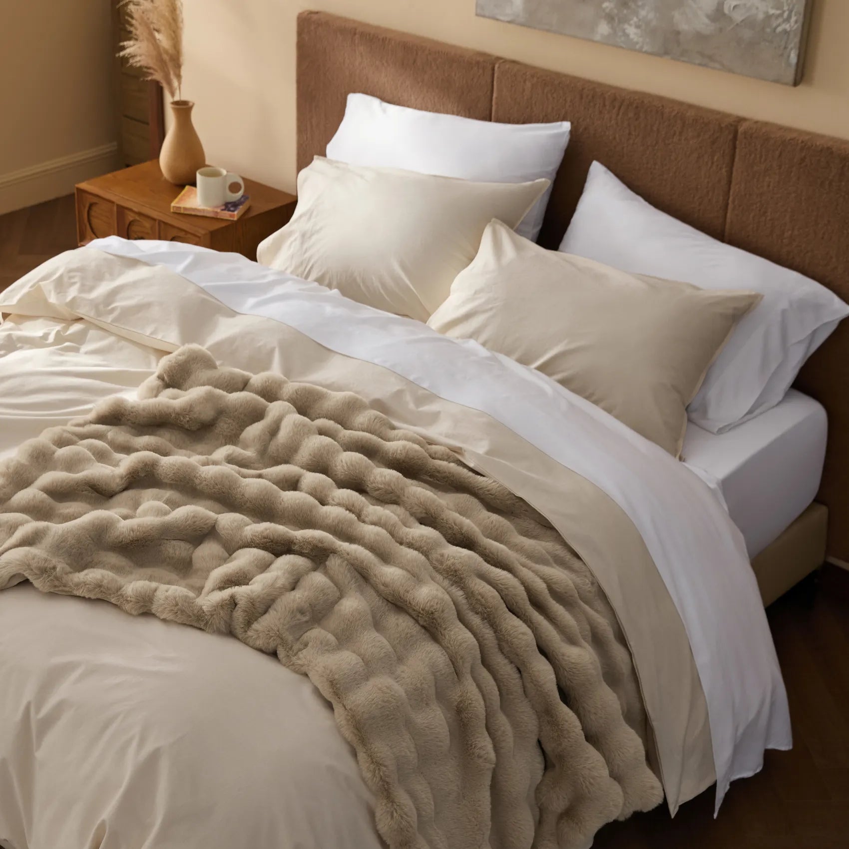 Slub Cotton Plush Luxe Bundle: textured plush blanket on neutral bedding.