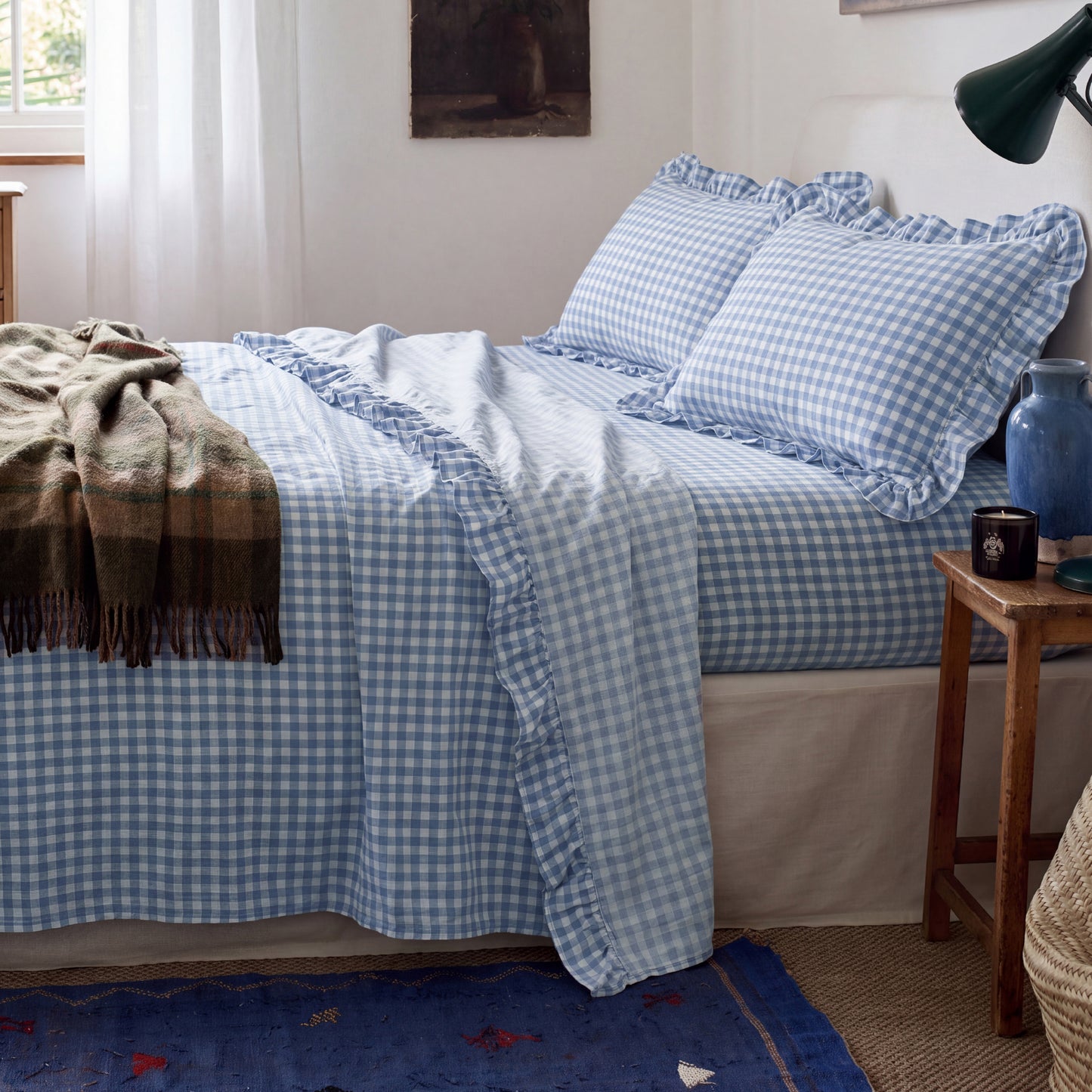 Ruffled Cotton-Like Gingham Sheet Set