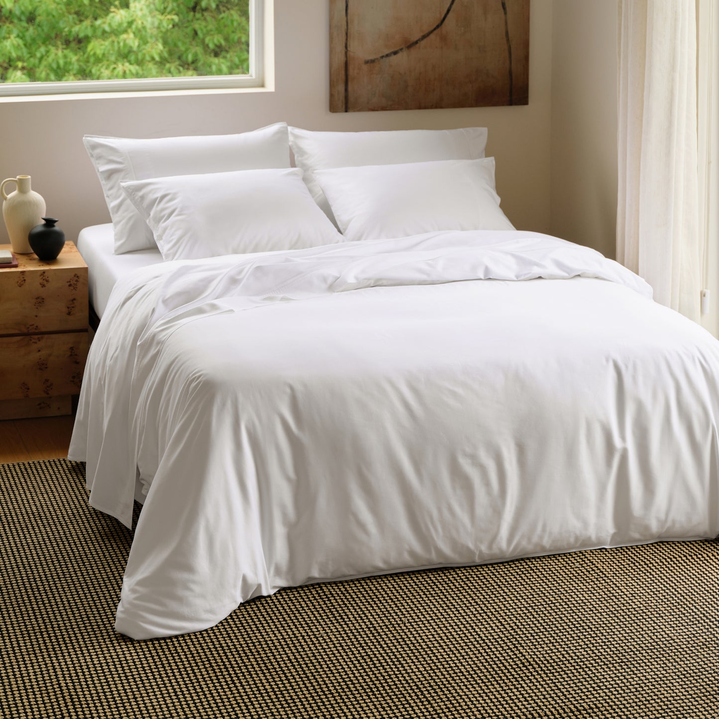 White PureWoven™ Serene Blend bedding bundle featuring soft bamboo-cotton blend for smart warmth.