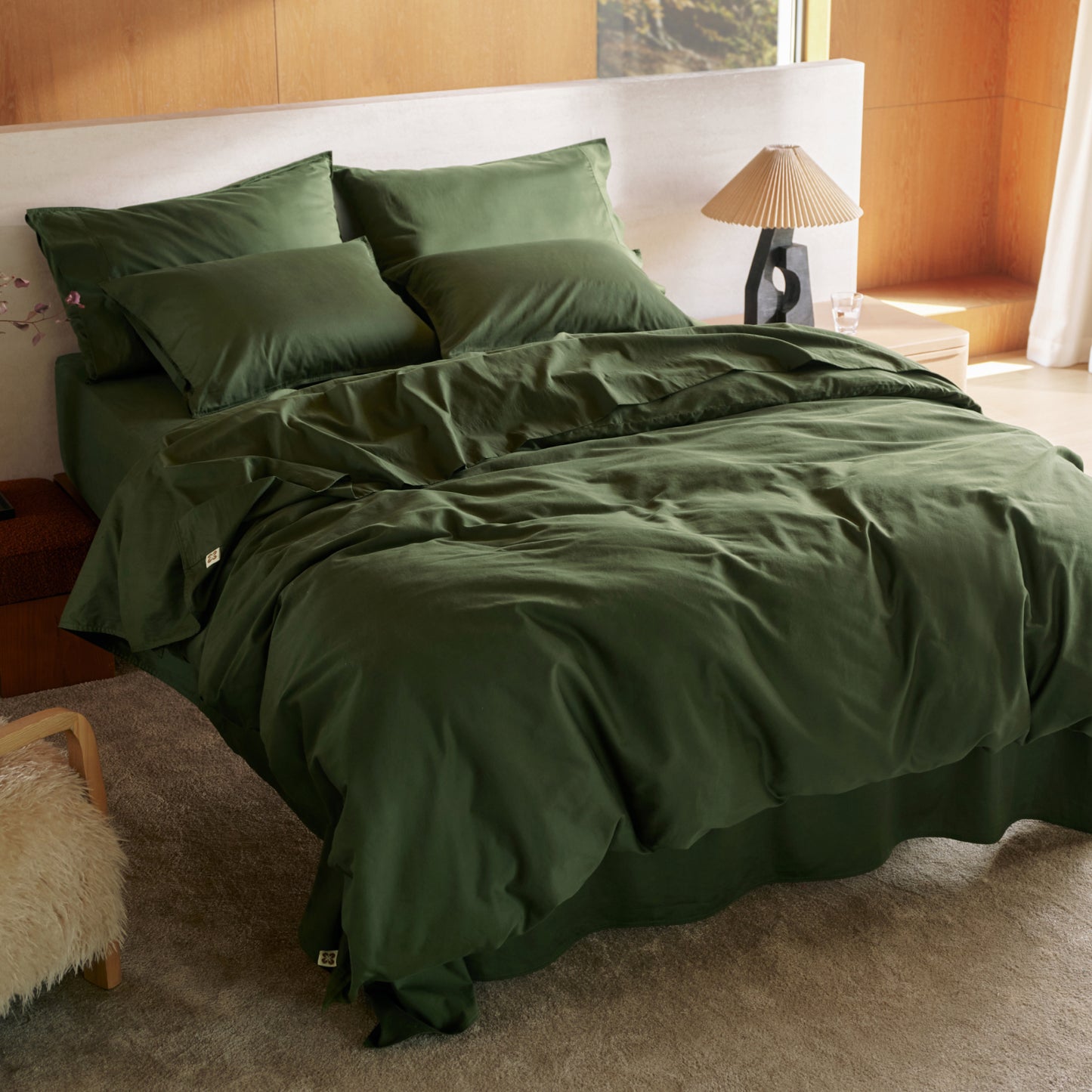 Soft deep green PureWoven Serene Blend plush luxe bamboo-cotton bedding.