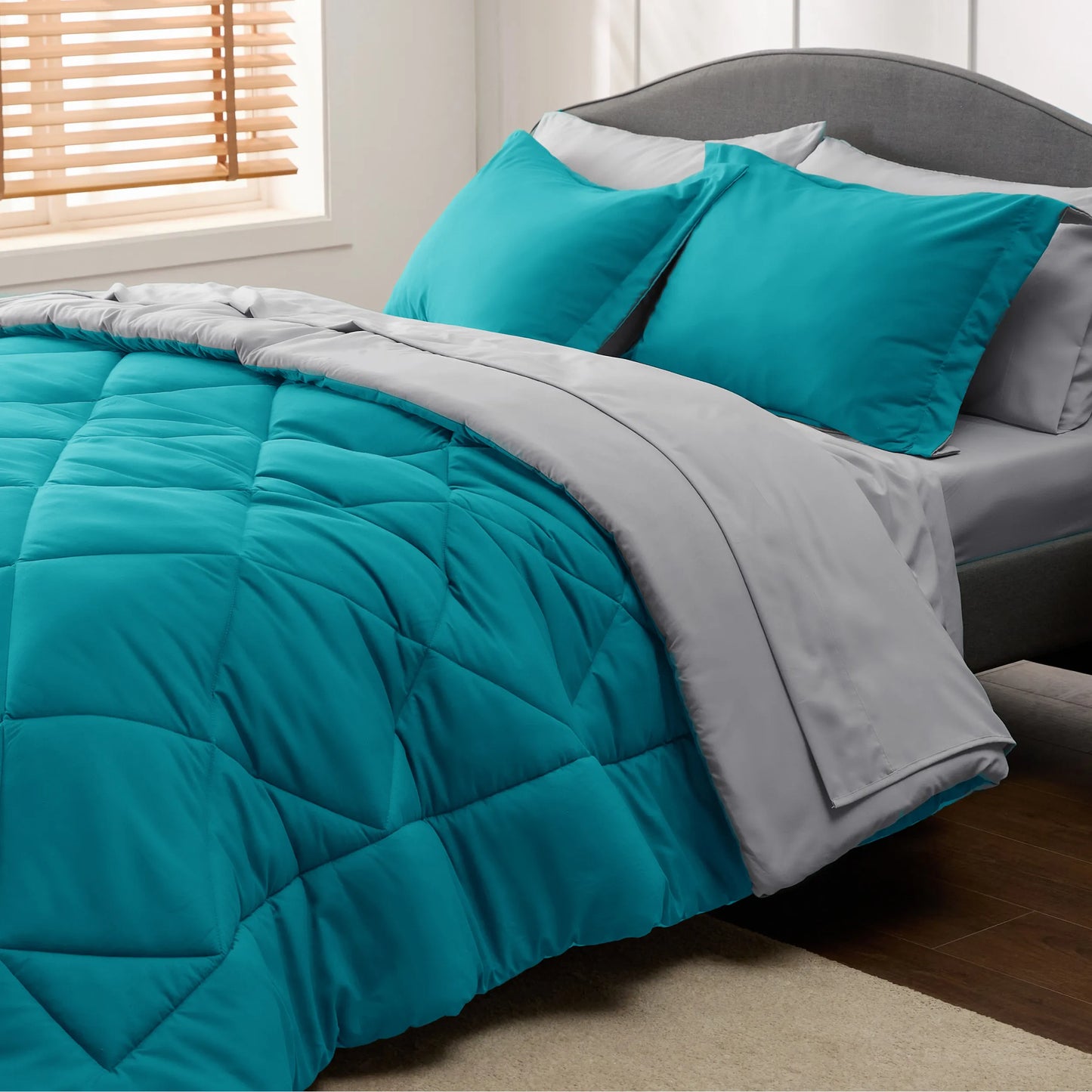 Teal and grey reversible bed-in-a-bag comforter set with diamond quilting